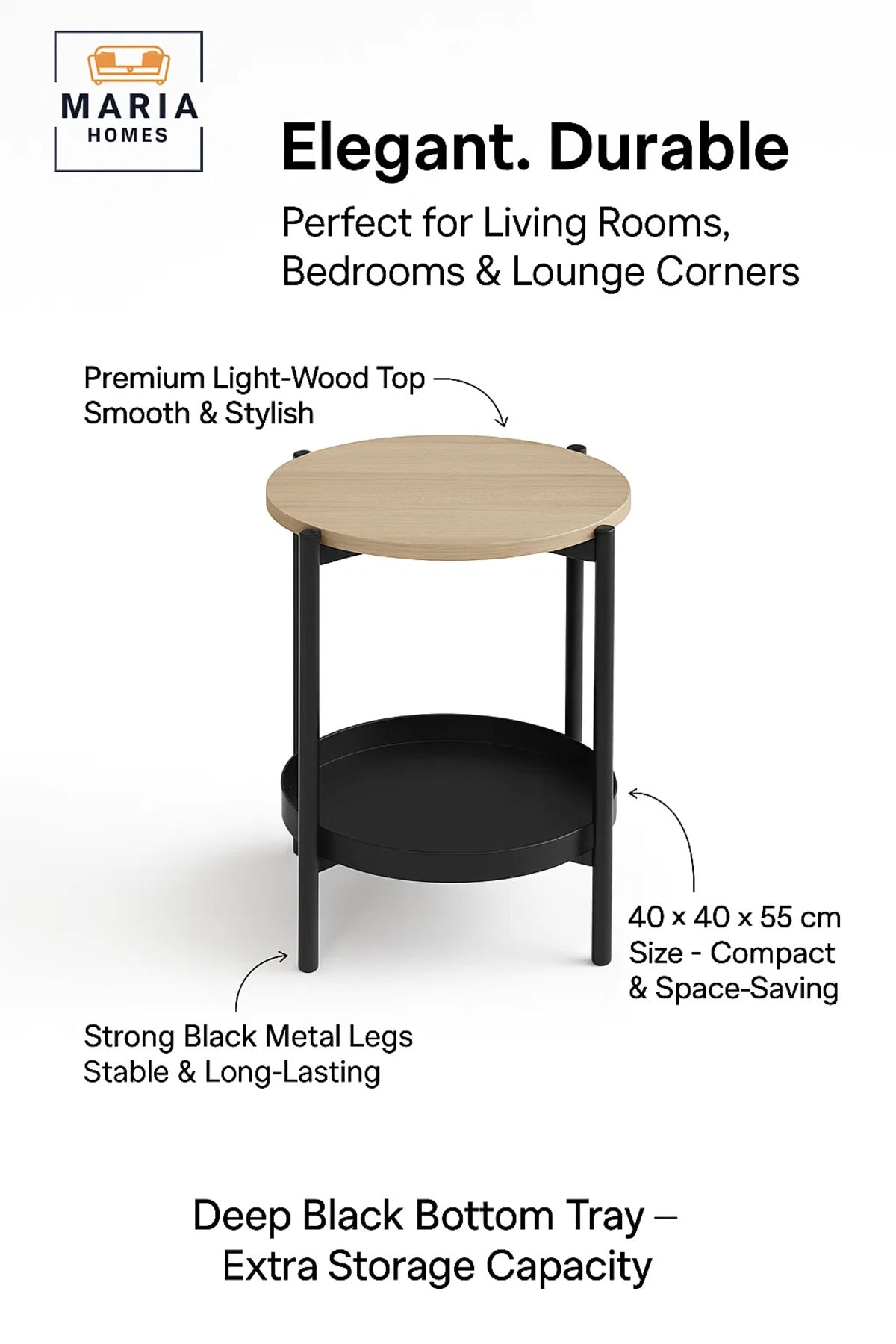 Modern Wood Side Table √ê Round Coffee Table with Black Storage Shelf 40_40_55 cm
