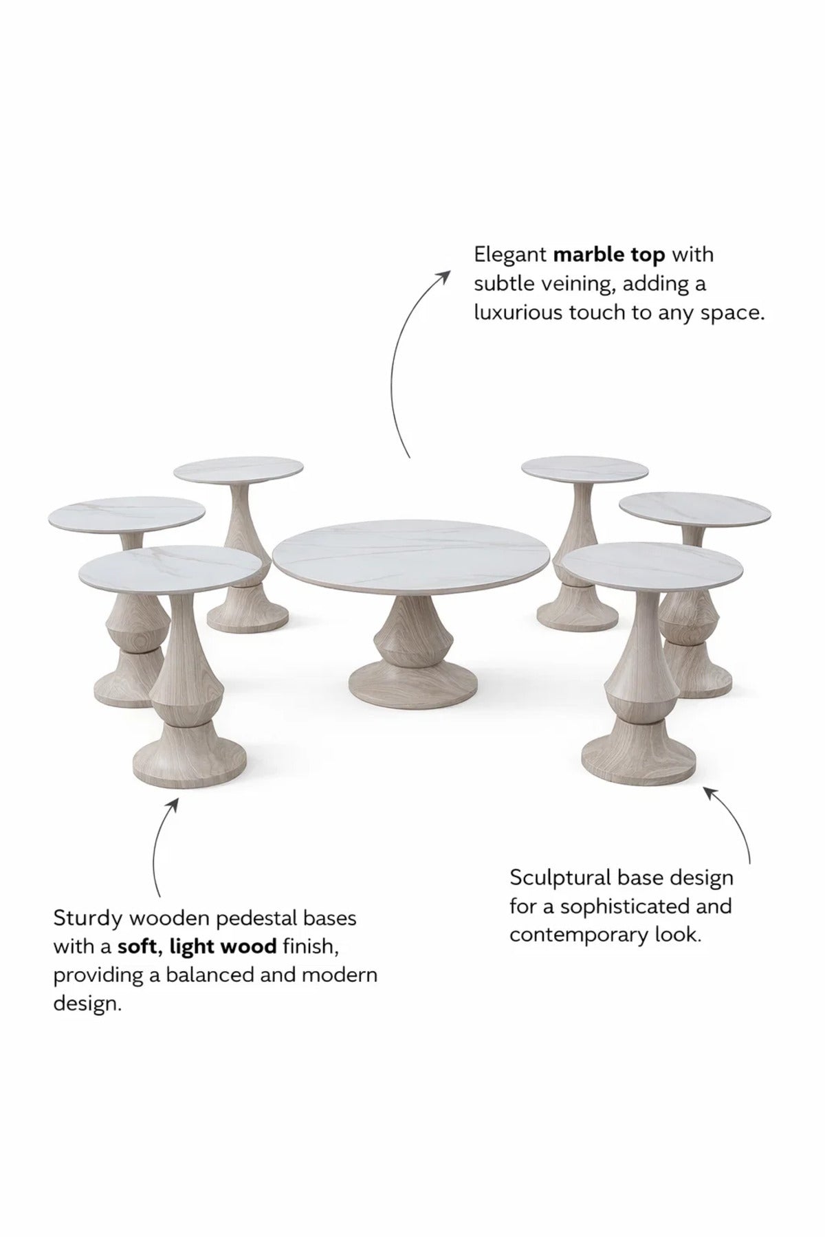 Modern 7-Piece Ceramic centerTable Set with Wood Base - 1 Center & 6 Side Tables for Living Room