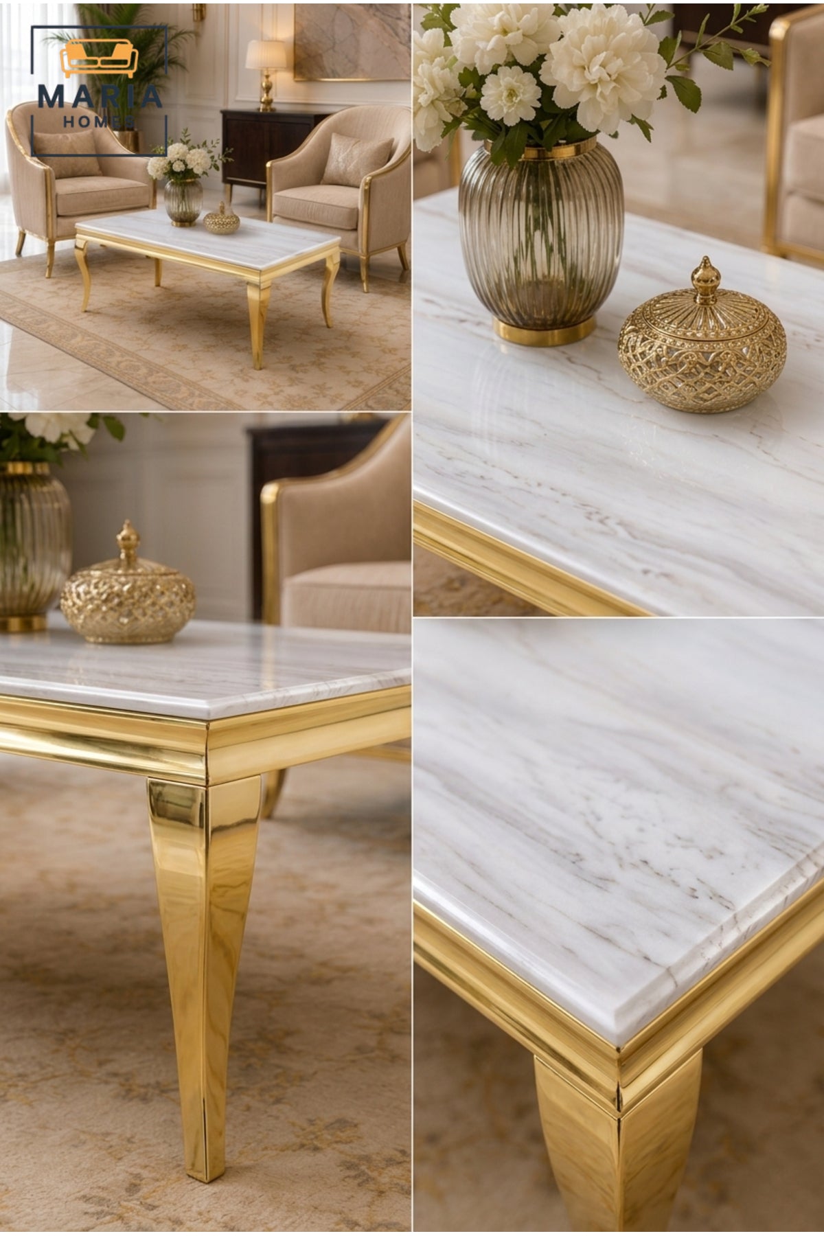 Luxury Coffee Table with Marble-Effect Top and Gold Legs √ê Modern Center Table for Living Room & Lounge