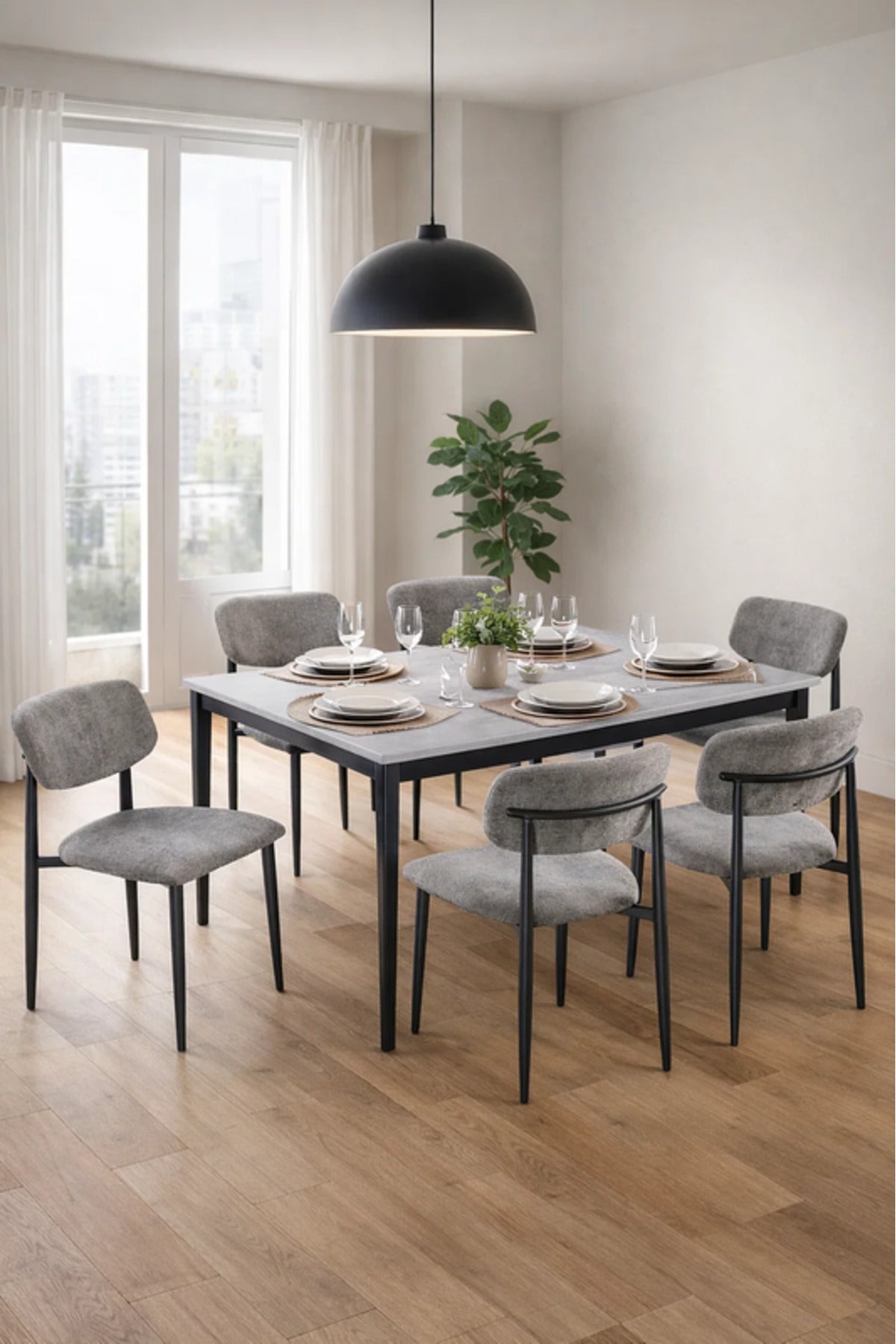 Modern Marble Top Dining Table Set with 6 Upholstered Chairs 150x90x75cm modern marble