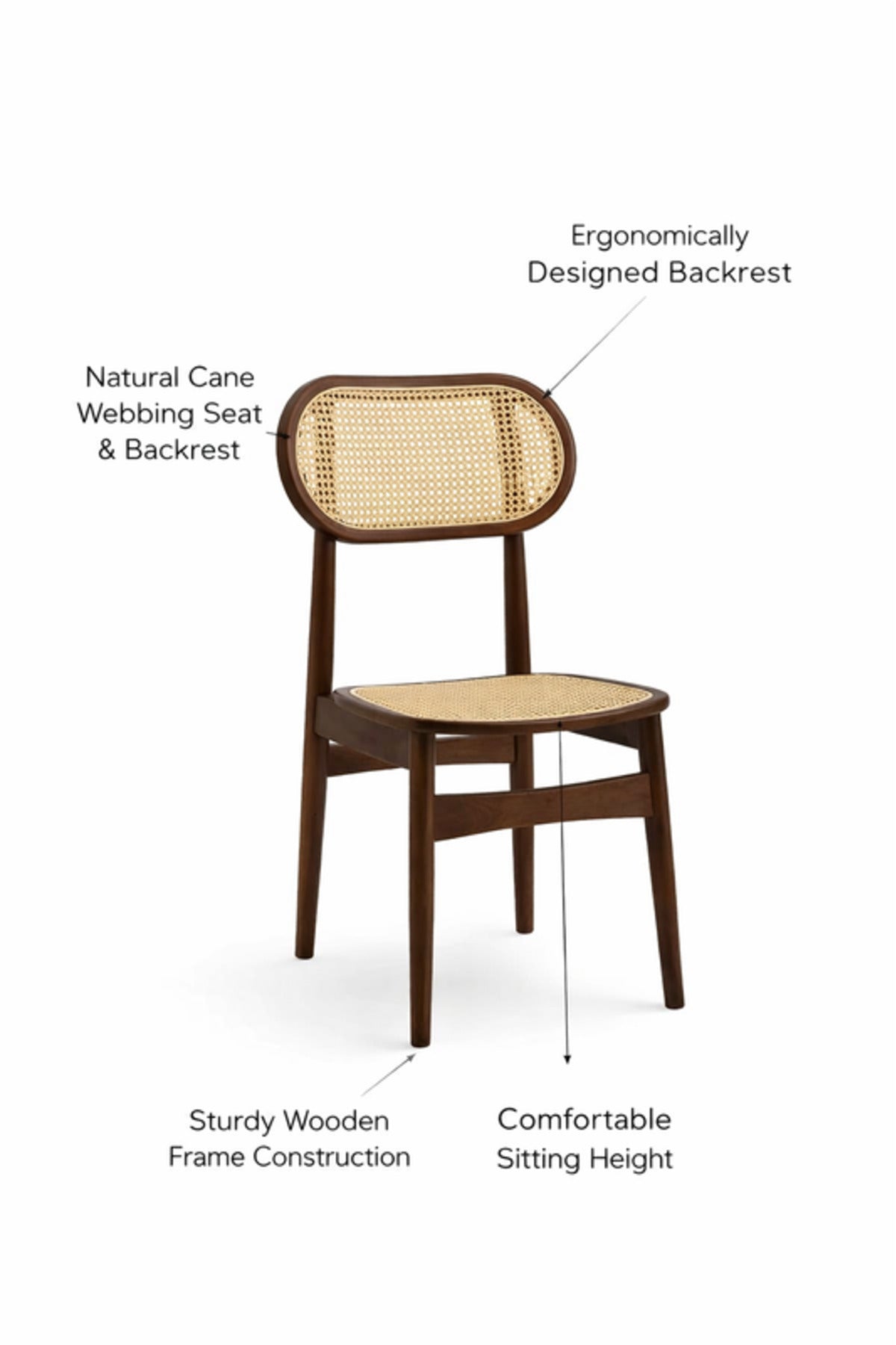 Dark Brown Wooden Rattan Dining Chair 68cm Height Natural Cane Seat Modern dark brown