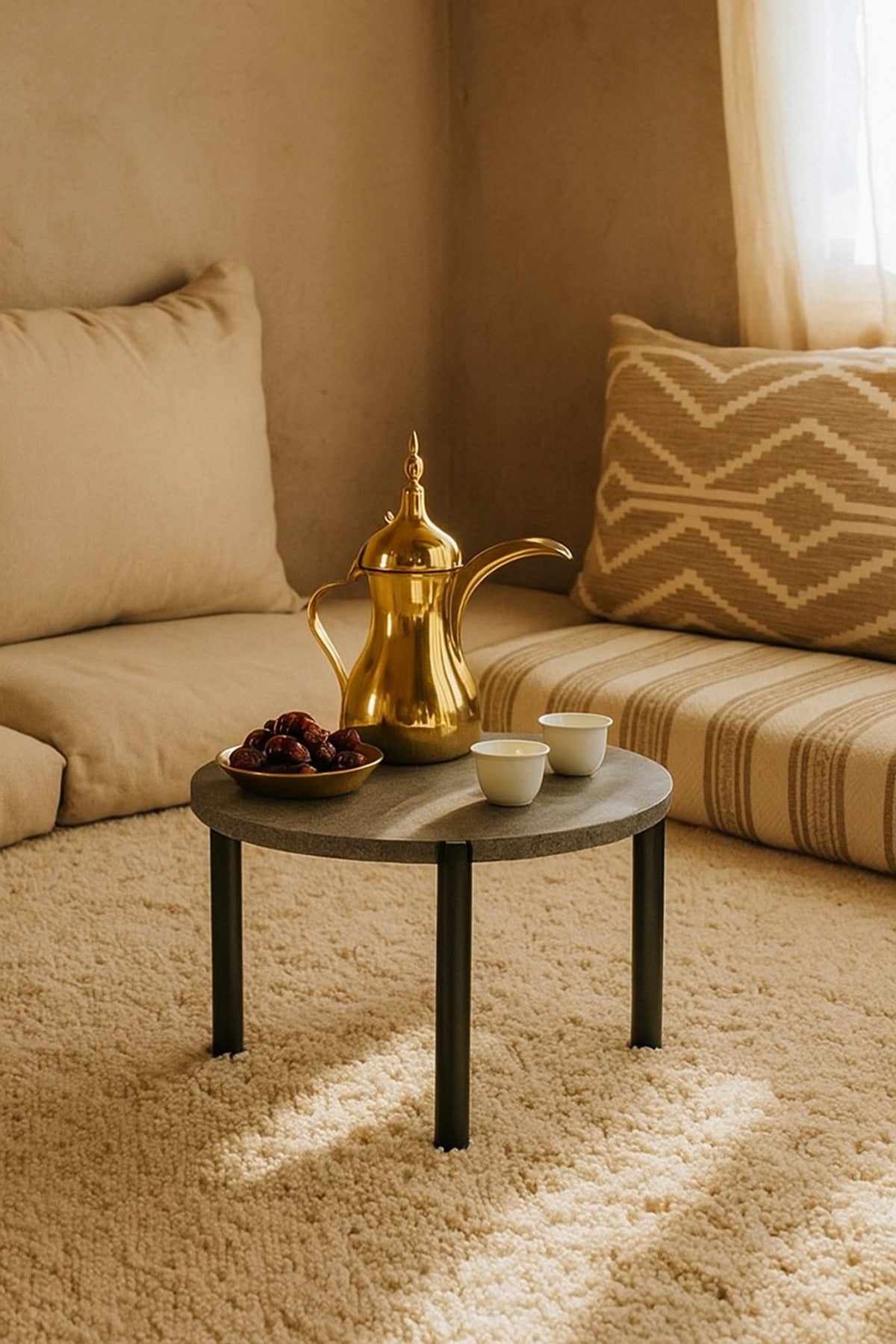 Compact Round Accent Table in Gray with Black Metal Legs Ð Modern Minimalist Coffee Table 35_25 cm