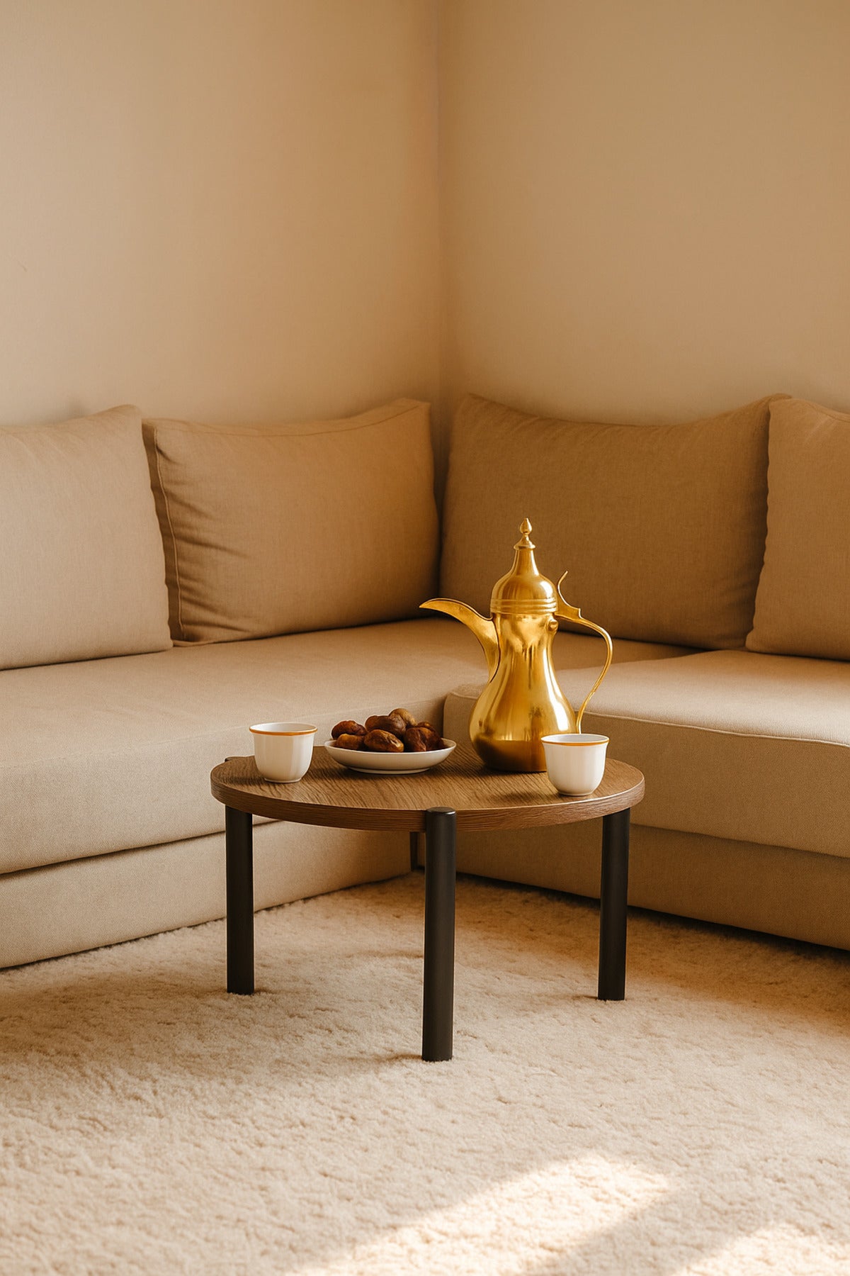 Round Brown Mini Coffee Table with Black Legs Ð Modern Accent Table 35_25 cm