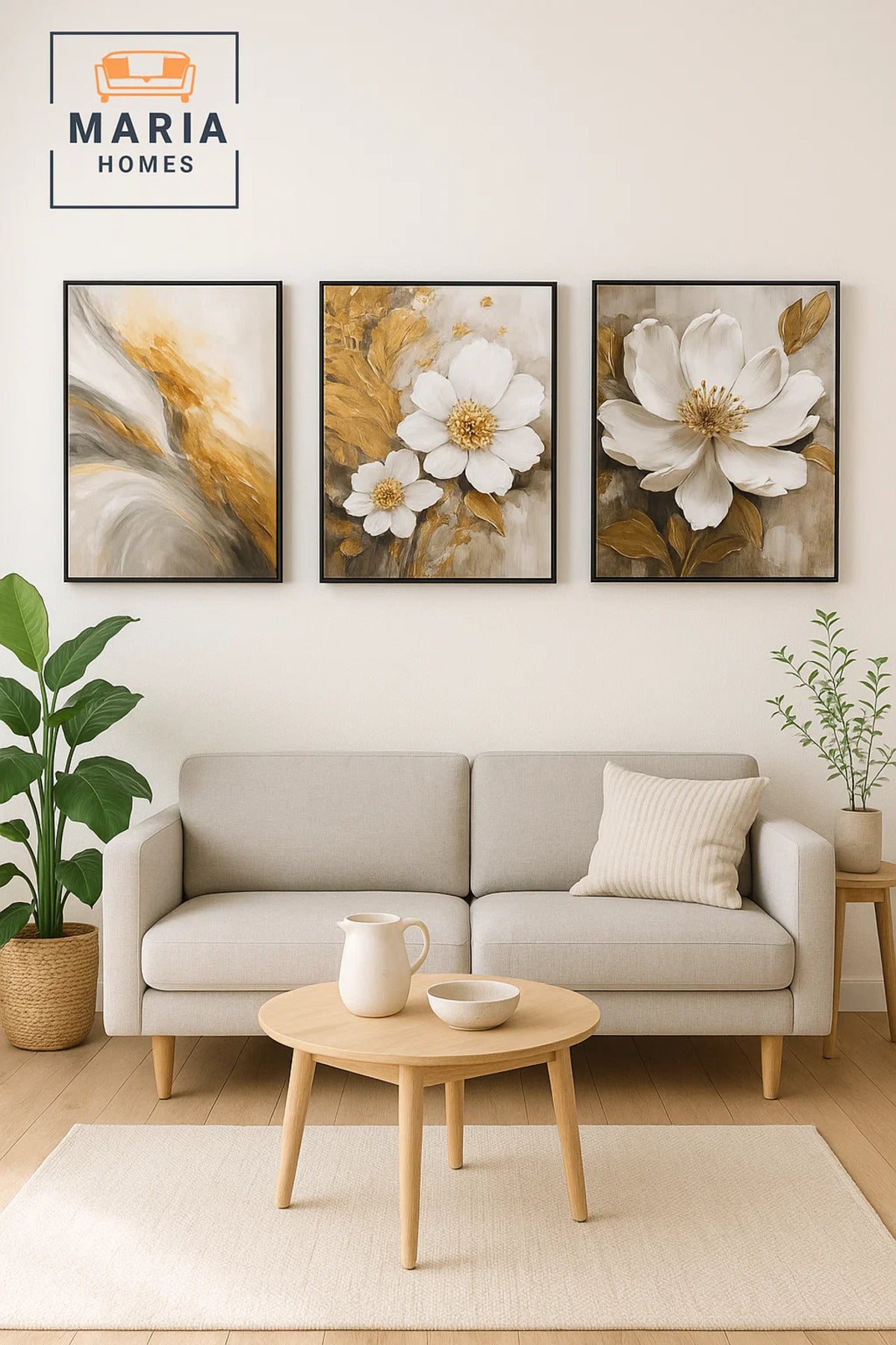 3 Piece 3D Wall Art Set Luxury Floral Decorative Panels in Gold and White 100_100 / 70_100 / 50_100