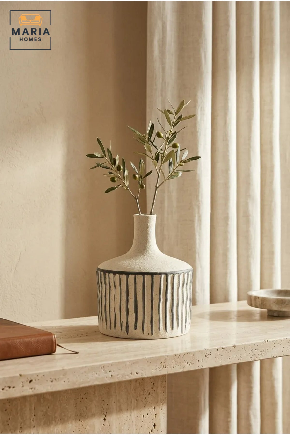 Cream and Black Striped Decorative Vase, Modern Ceramic Flower Holder with Narrow Neck for Living Room, Bedroom, Office, Shelf and Table Décor
