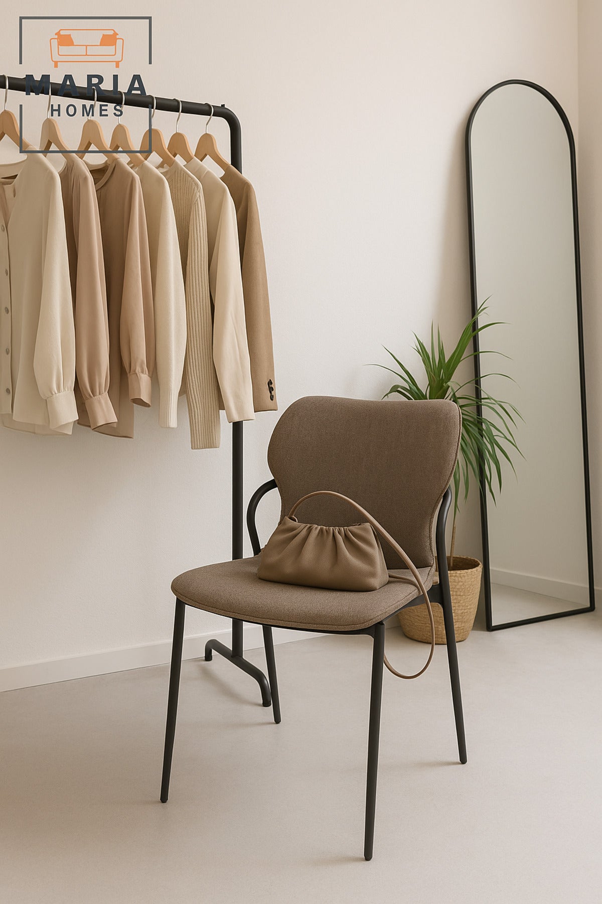 Modern Coffee Fabric Chair Cushioned Seat with Black Metal Frame