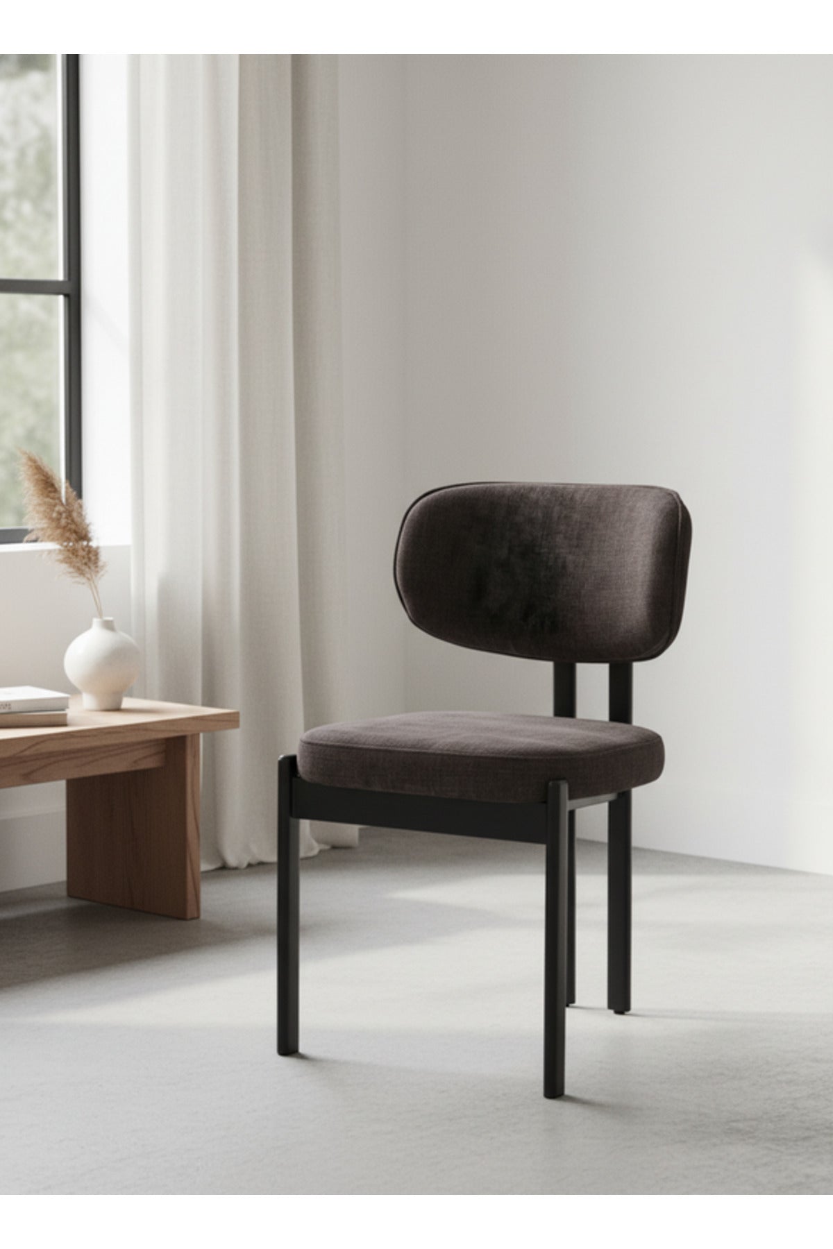 Dark Grey Upholstered Chair with Black Metal Legs, 80x49x48 CM dark grey upholstered