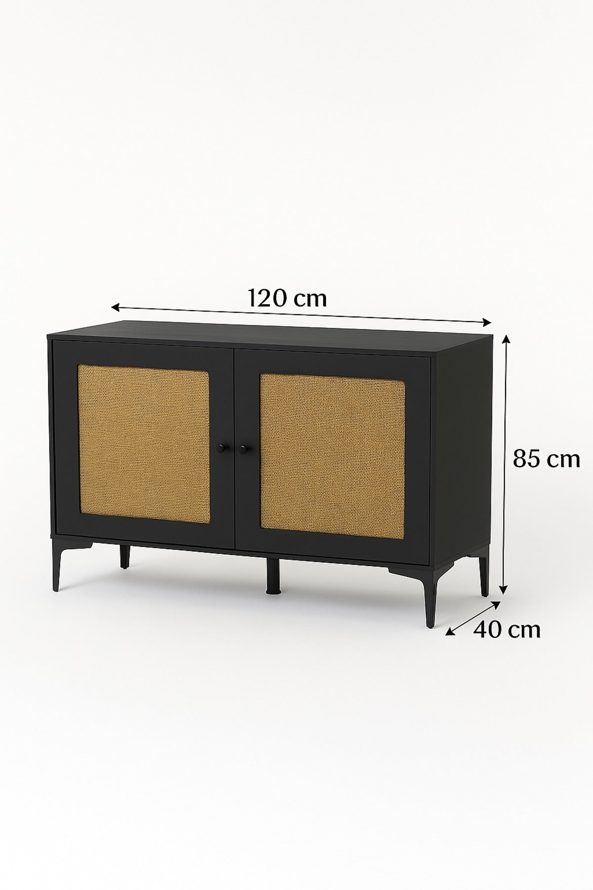Black Rattan Console Table 120_40_85 cm Ð Modern Wooden Storage Cabinet with Cane Doors