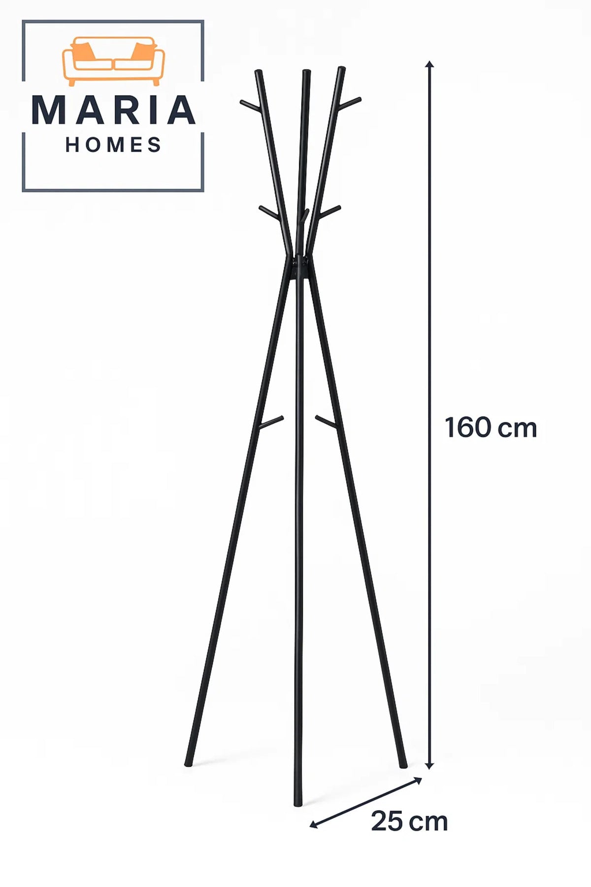 Tripod-Style Black Metal Coat Rack with Angled Hooks
