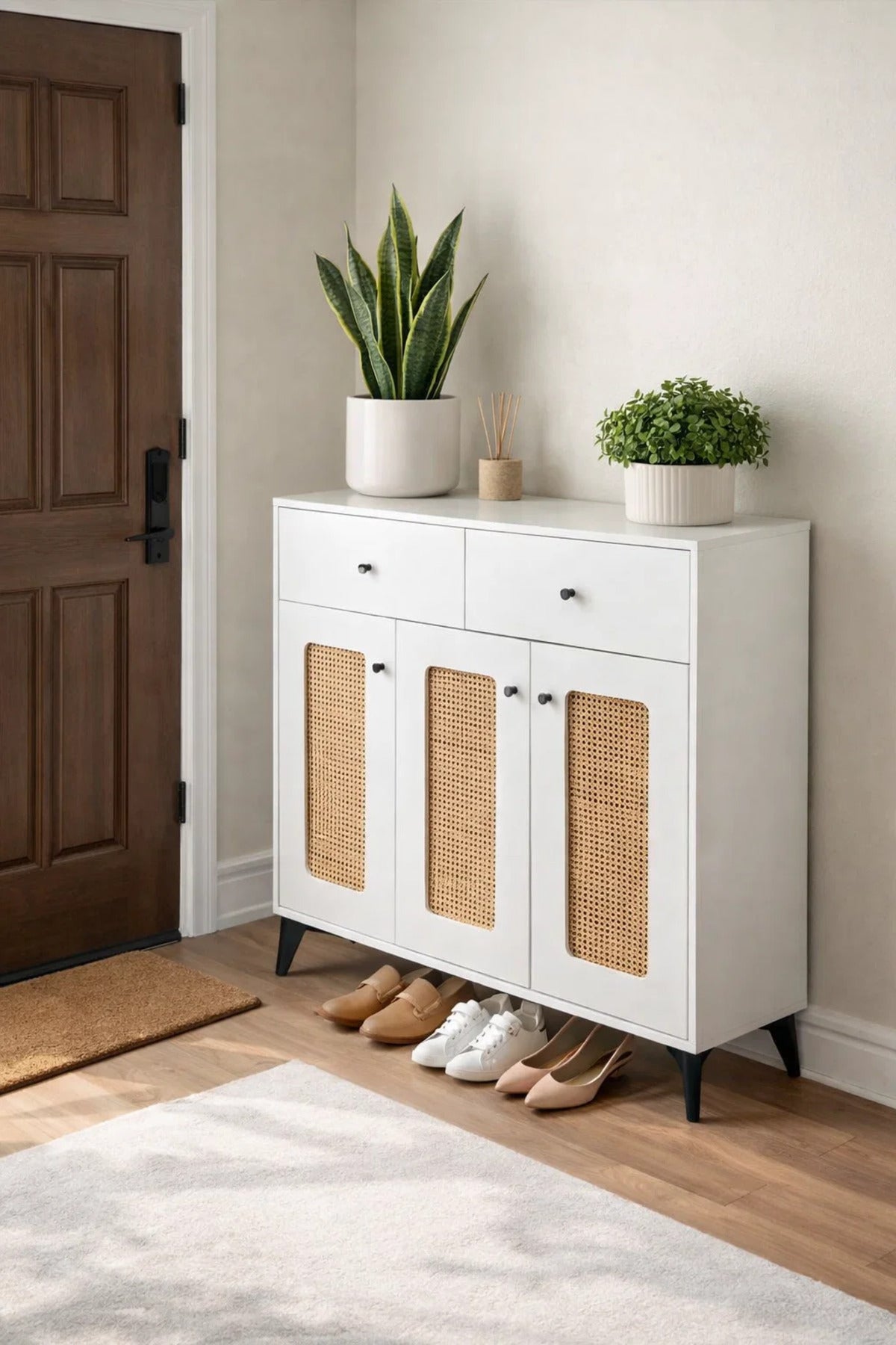 Modern White Rattan Shoe Cabinet with Drawers Stylish Entryway Storage Console Unit 100x95cm