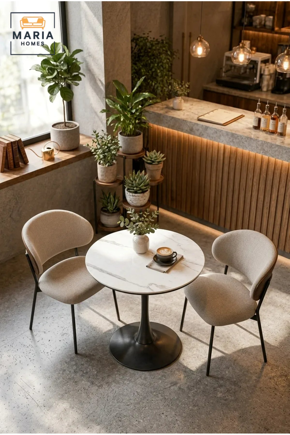 Modern Round Dining Table with Marble-Look Top and Black Pedestal Base √ê Contemporary Bistro Table