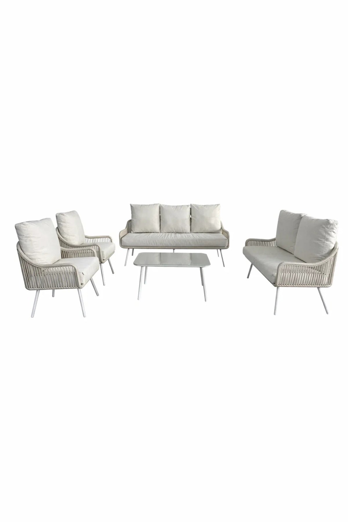 Elegant White and Beige 7Piece Sofa Set with Glass Coffee Table Outdoor or Indoor Seating
