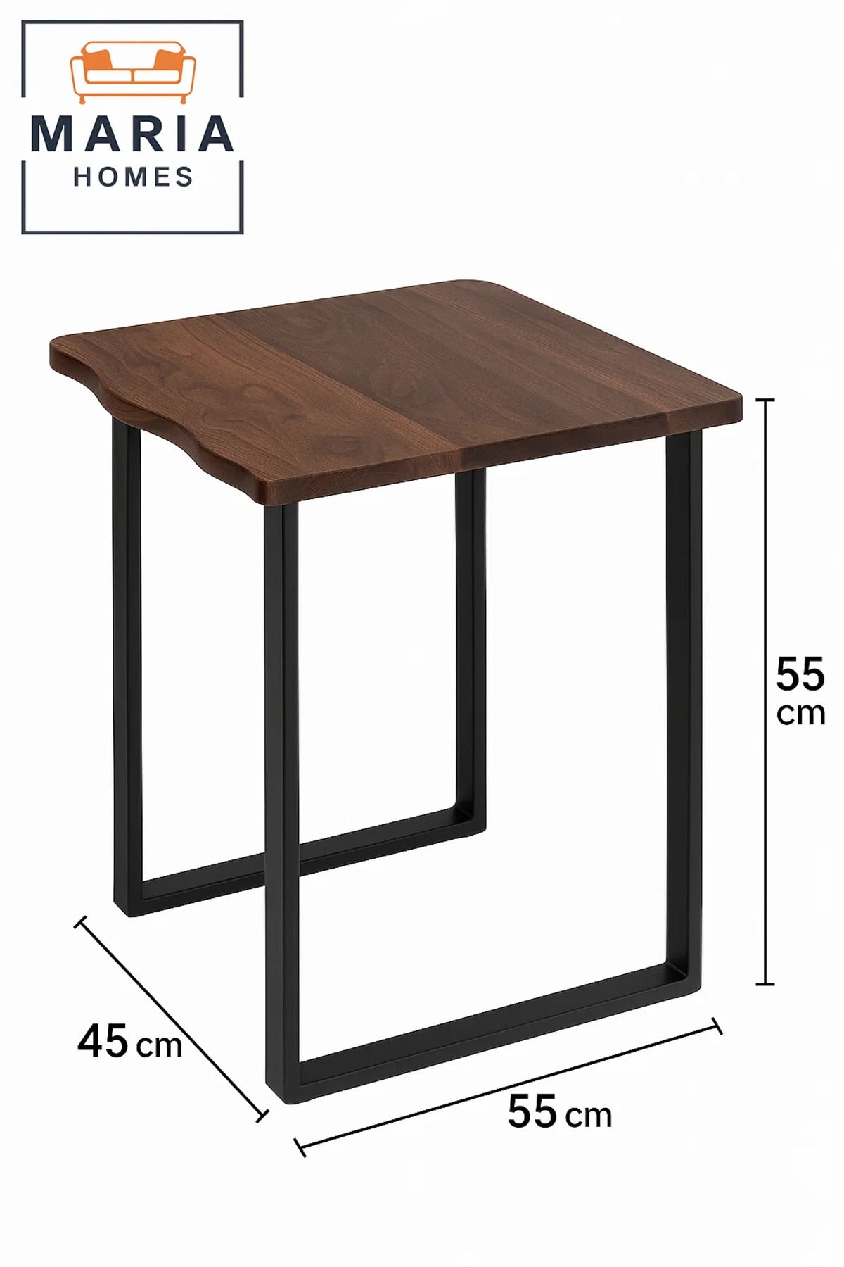 Square Wooden Table with Live Edge and Minimal Black Frame