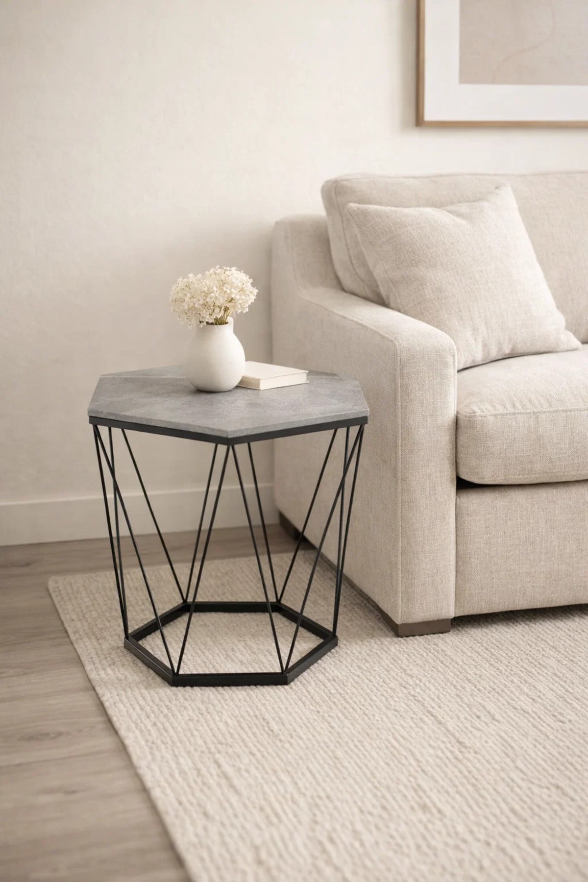 Stylish Hexagon Coffee Table Grey Stone Look Top Black Geometric Metal Base Living Room 61x61cm
