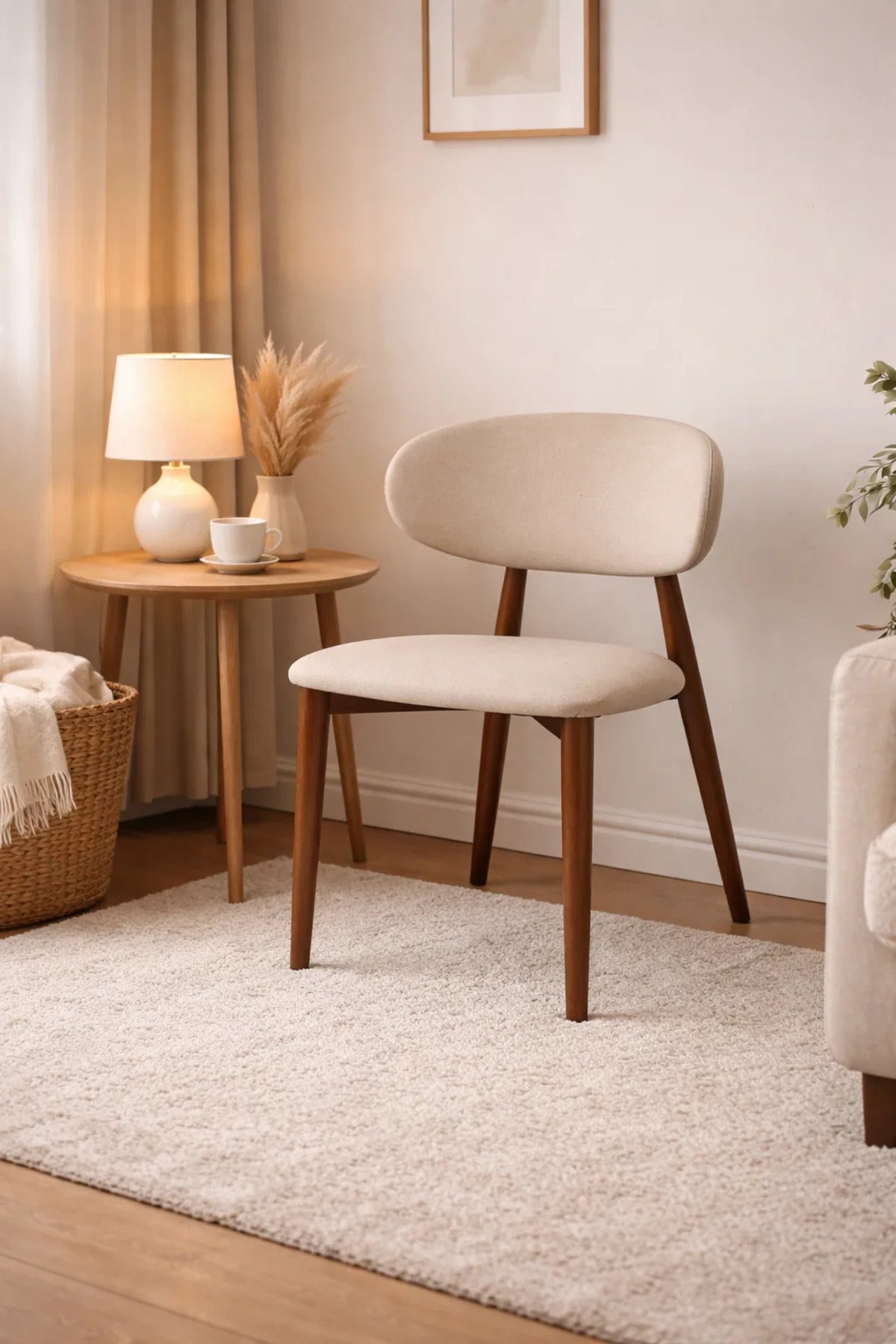 Modern Dining Chair Upholstered Seat with Wooden Legs Beige