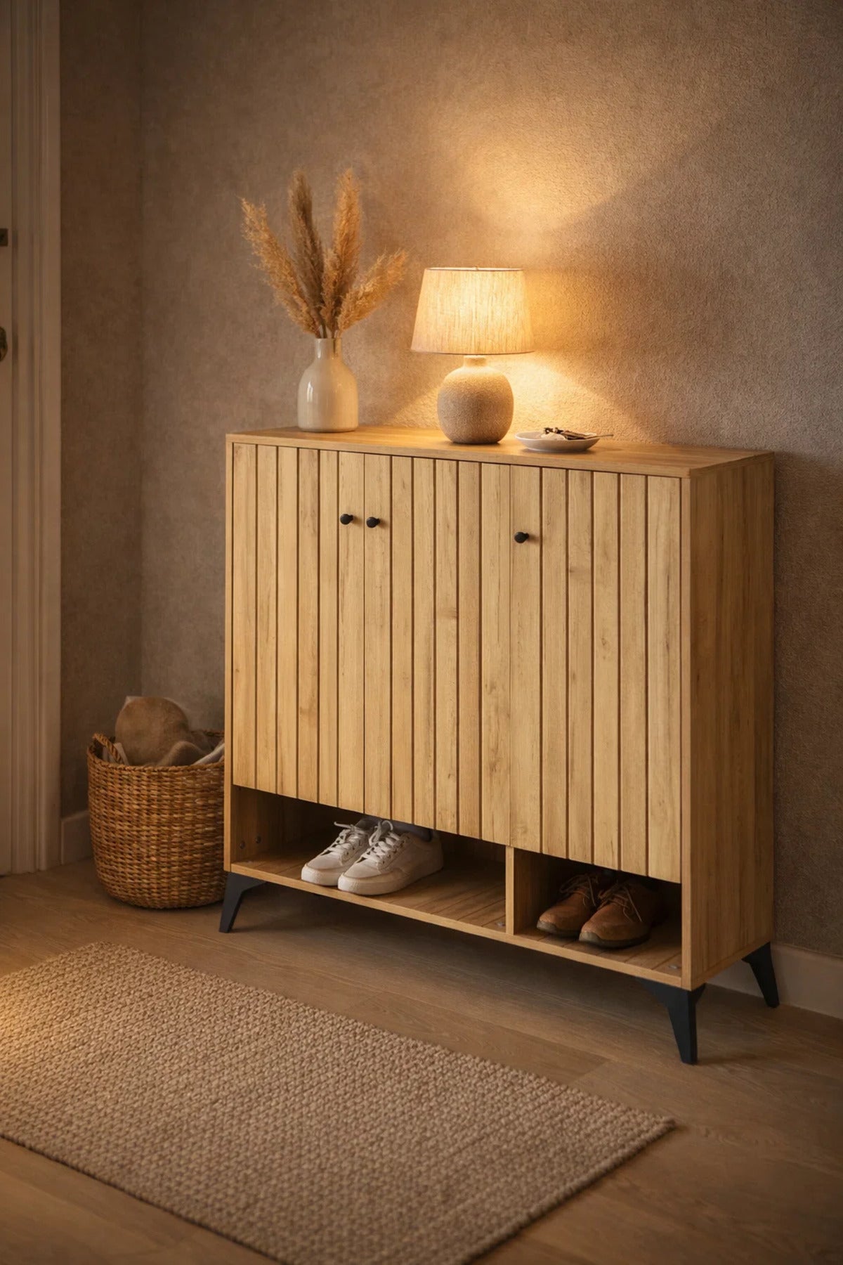 Premium Wooden Shoe Cabinet Storage Organizer with Stylish Slatted Doors for Modern Hallways
