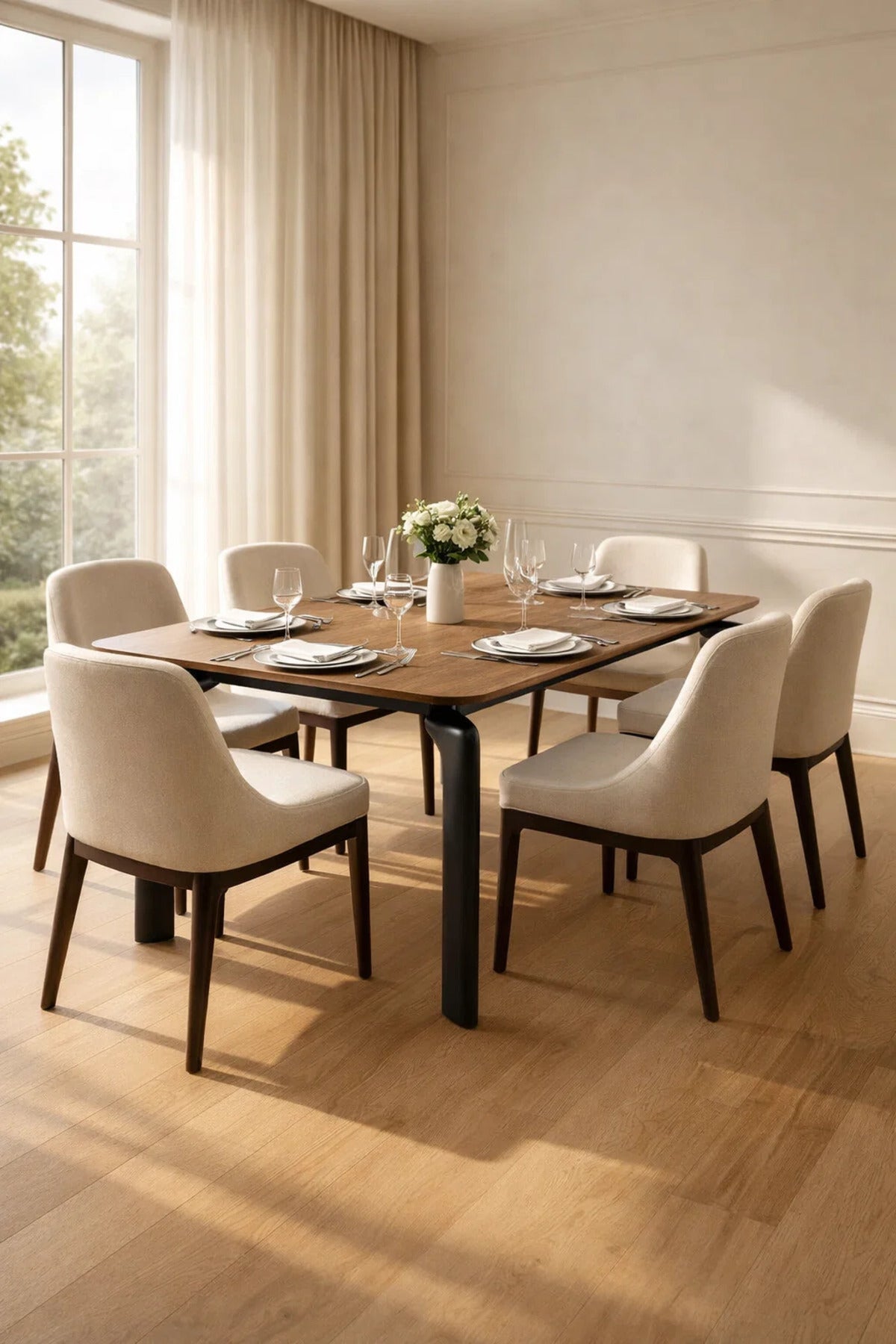 Modern Brown Dining Table Ð 150_90_76 cm | Elegant Wooden Top Table with Curved Black Legs