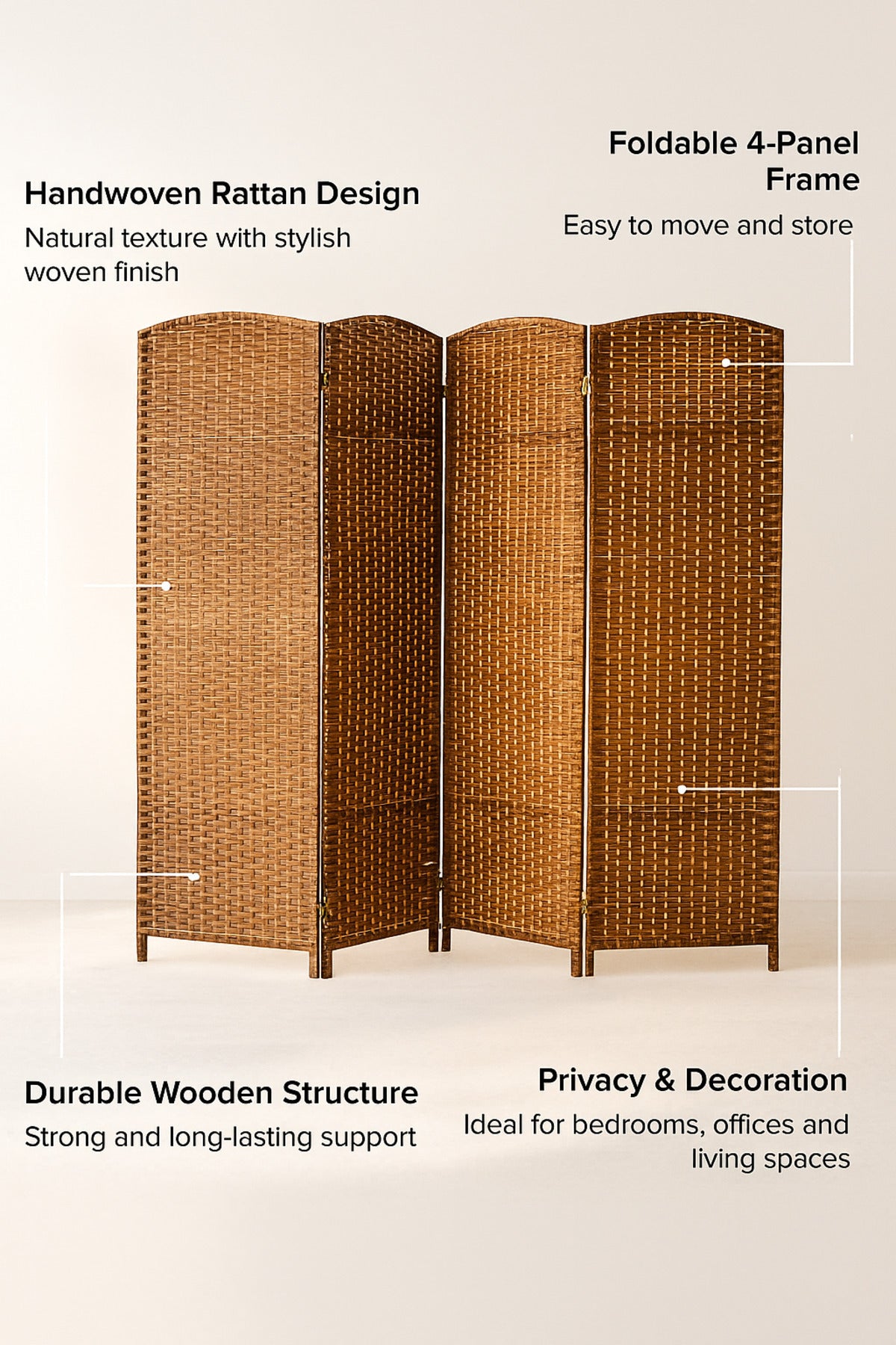 4-Panel Rattan Room Divider Ð 200_180 cm Foldable Privacy Screen in Mixed Brown Color
