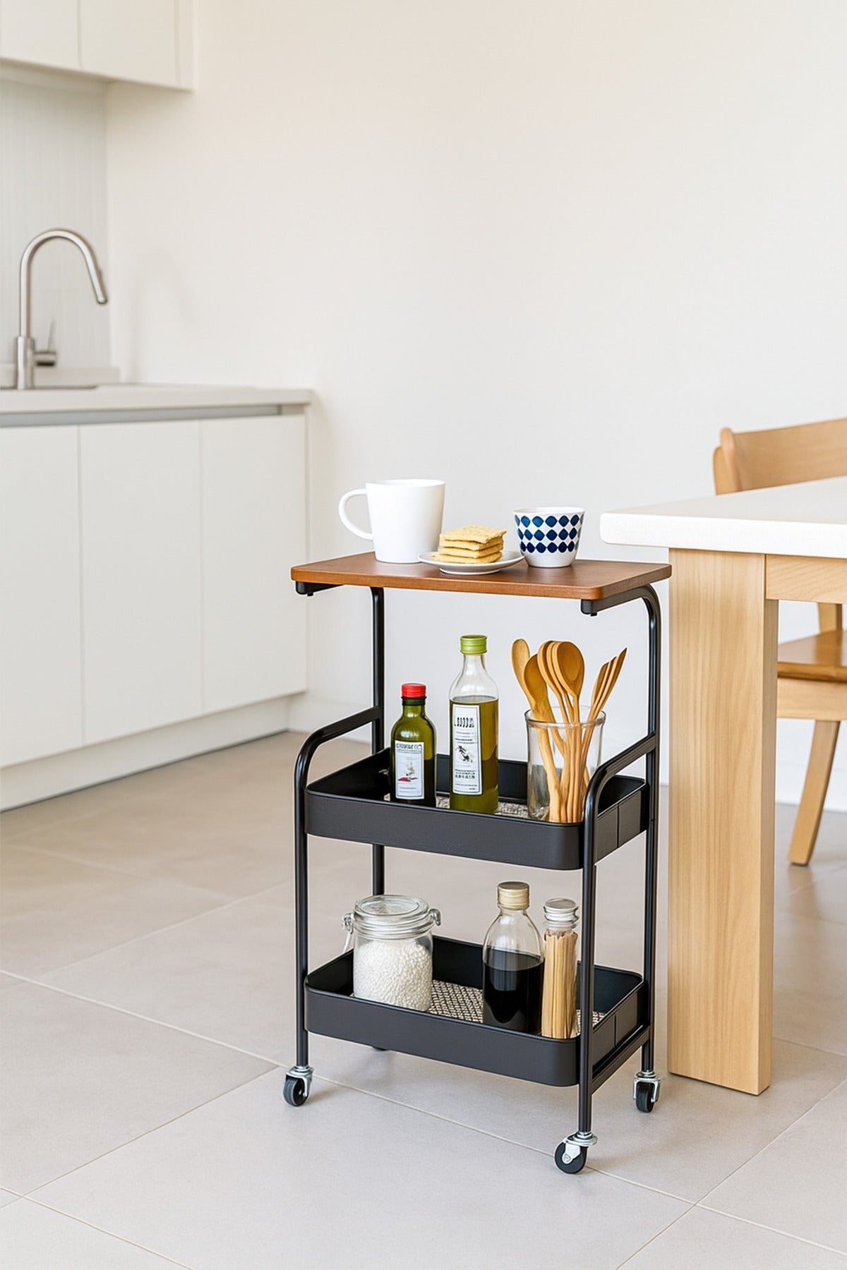 2-Tier Black Metal Storage Trolley with Wooden Top Ð Multi-Purpose Rolling Cart