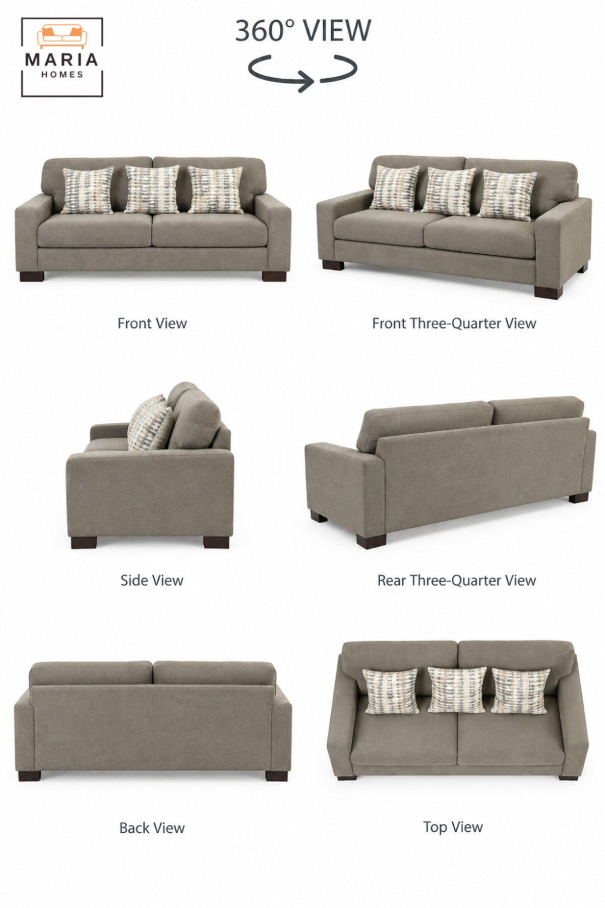 Modern 3 Seater Upholstered Sofa with Deep Cushioned Seats, Supportive Backrest, Wide Armrests & Decorative Pillows for Living Room and Lounge