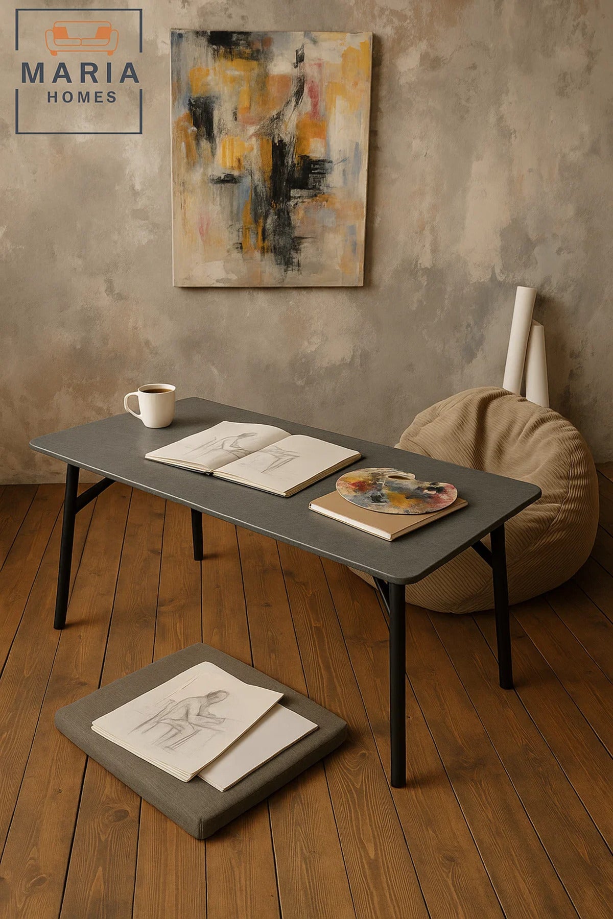 Modern Center Table 120x60x45cm Ð Grey Stone Finish Top with Black Metal Legs for Living Room
