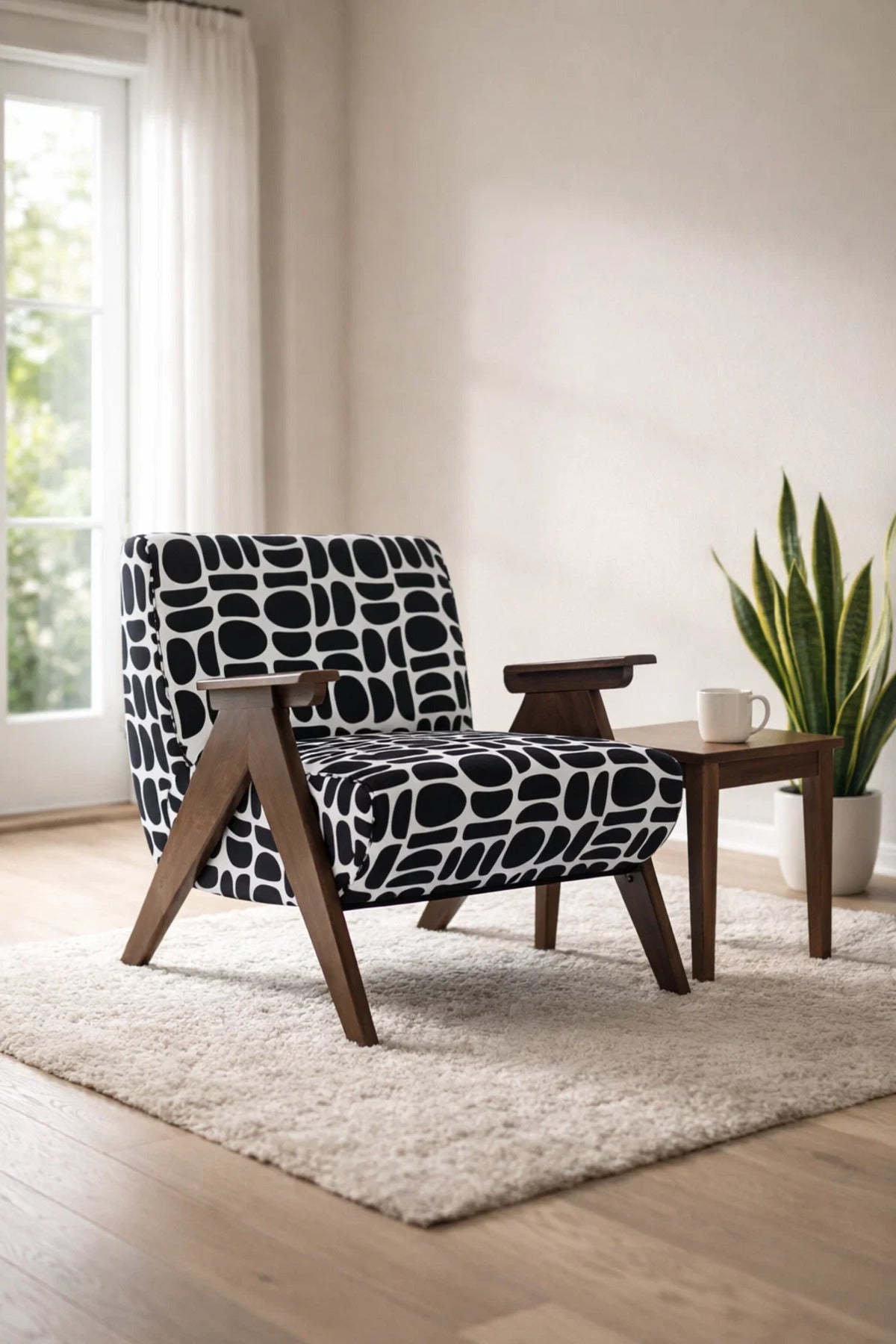 Stylish Mid-Century Armchair Black White Geometric Pattern Wood Frame Accent Chair for Living Room