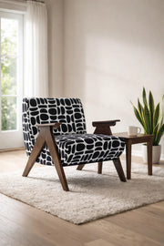 Stylish Mid-Century Armchair Black White Geometric Pattern Wood Frame Accent Chair for Living Room