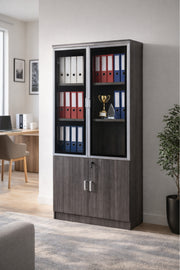 Modern Grey Office Storage Cabinet Glass Display Shelves Lockable File Organizer Unit 190cm