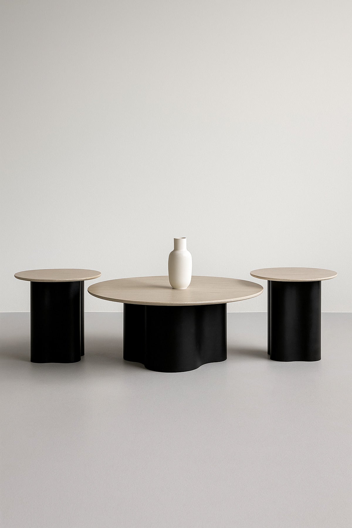 3Piece Round Coffee Table Set Beige Marble Top with Black Base 1 Large + 2 Small Modern Tables