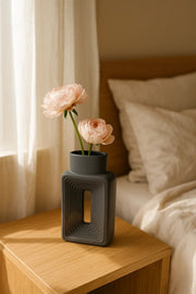 Matte Gray Geometric Ceramic Vase Ð Modern Rectangular Decorative Flower Pot with Cut-Out Design
