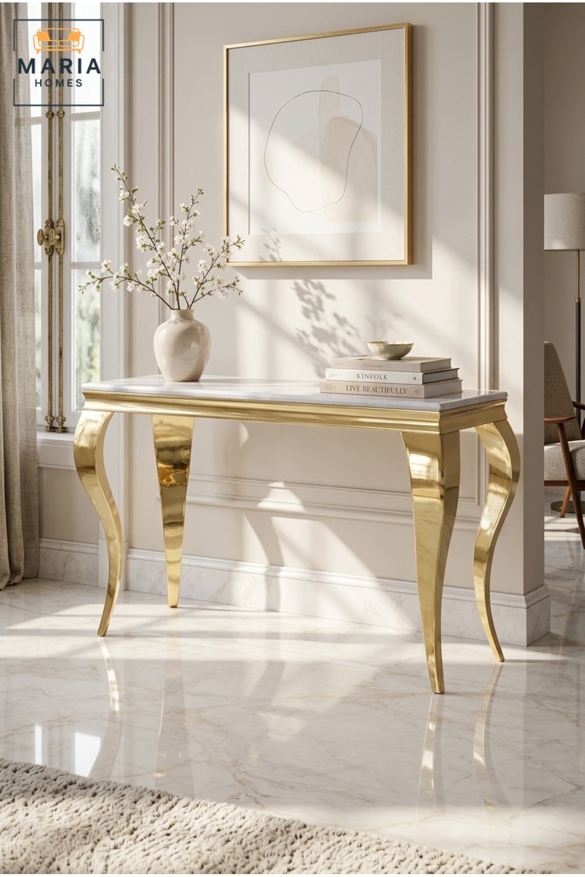 Luxury Console Table with Marble Top & Gold Metal Base √ê Modern Entryway Table for Hallway & Living Room