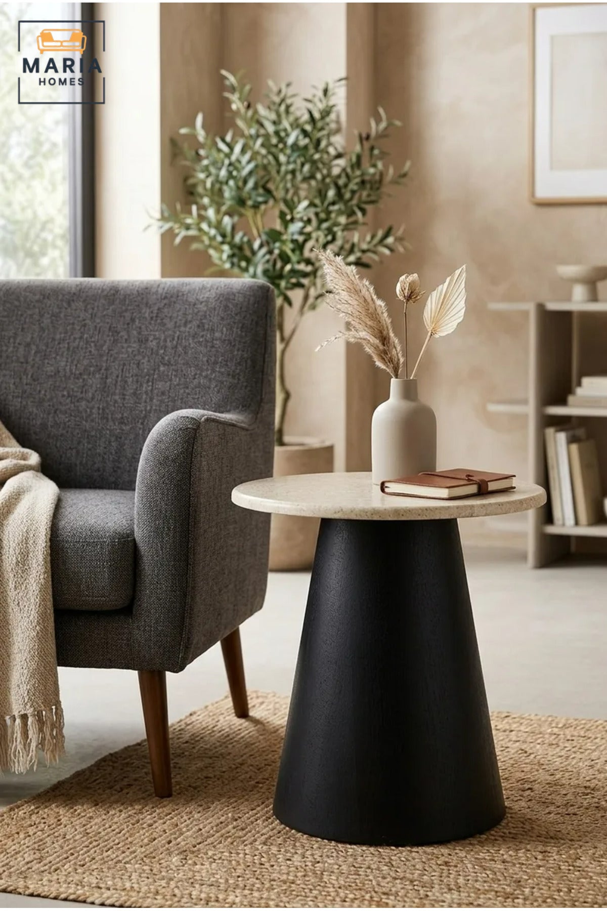 Modern Round Side Table with Marble-Effect Top & Cone Pedestal Base, Contemporary End Table for Living Room, Bedroom & Lounge