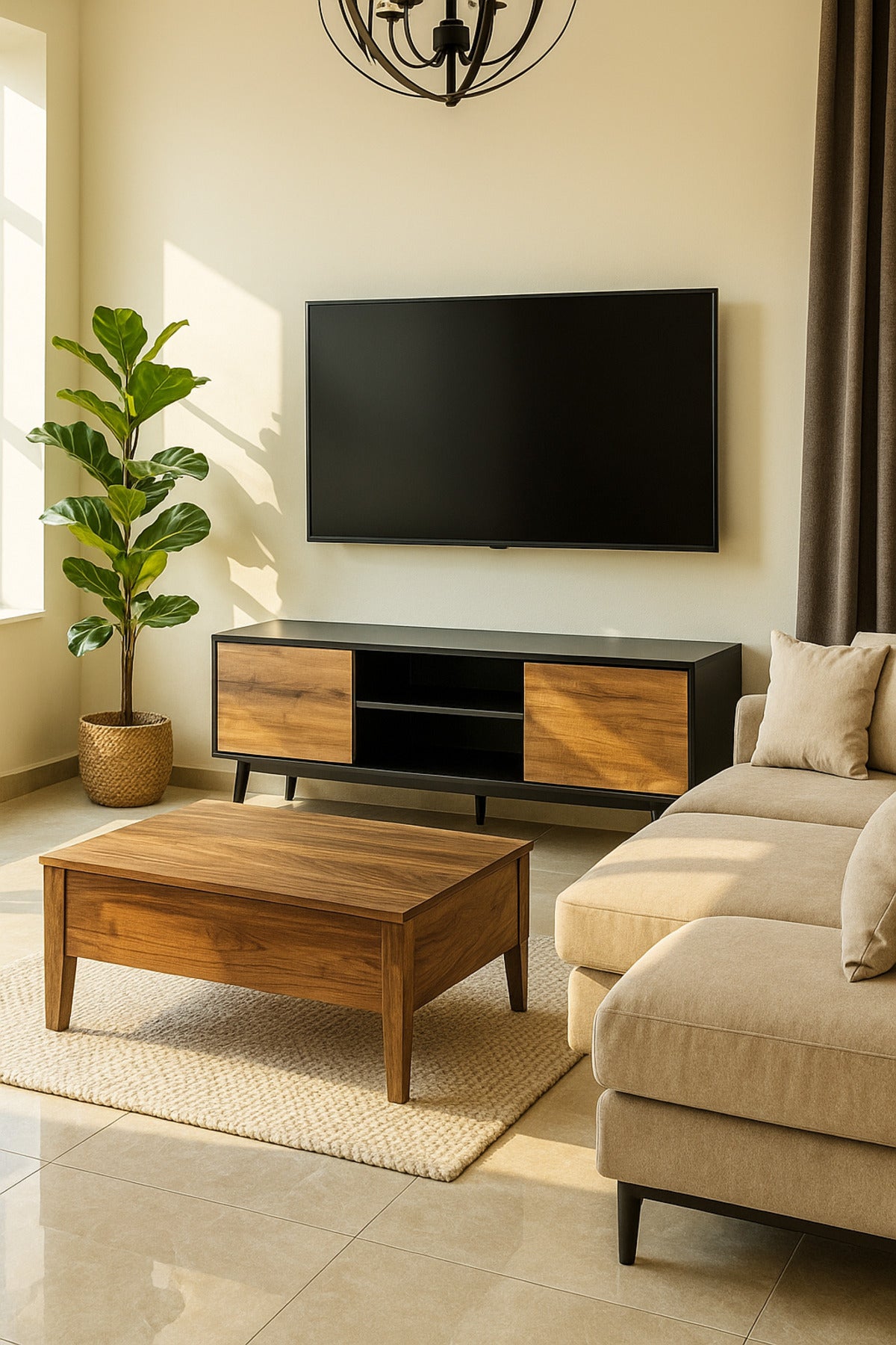 Modern Black & Wood TV Cabinet 160_40_57 cm Sleek Entertainment Unit with Sliding Doors