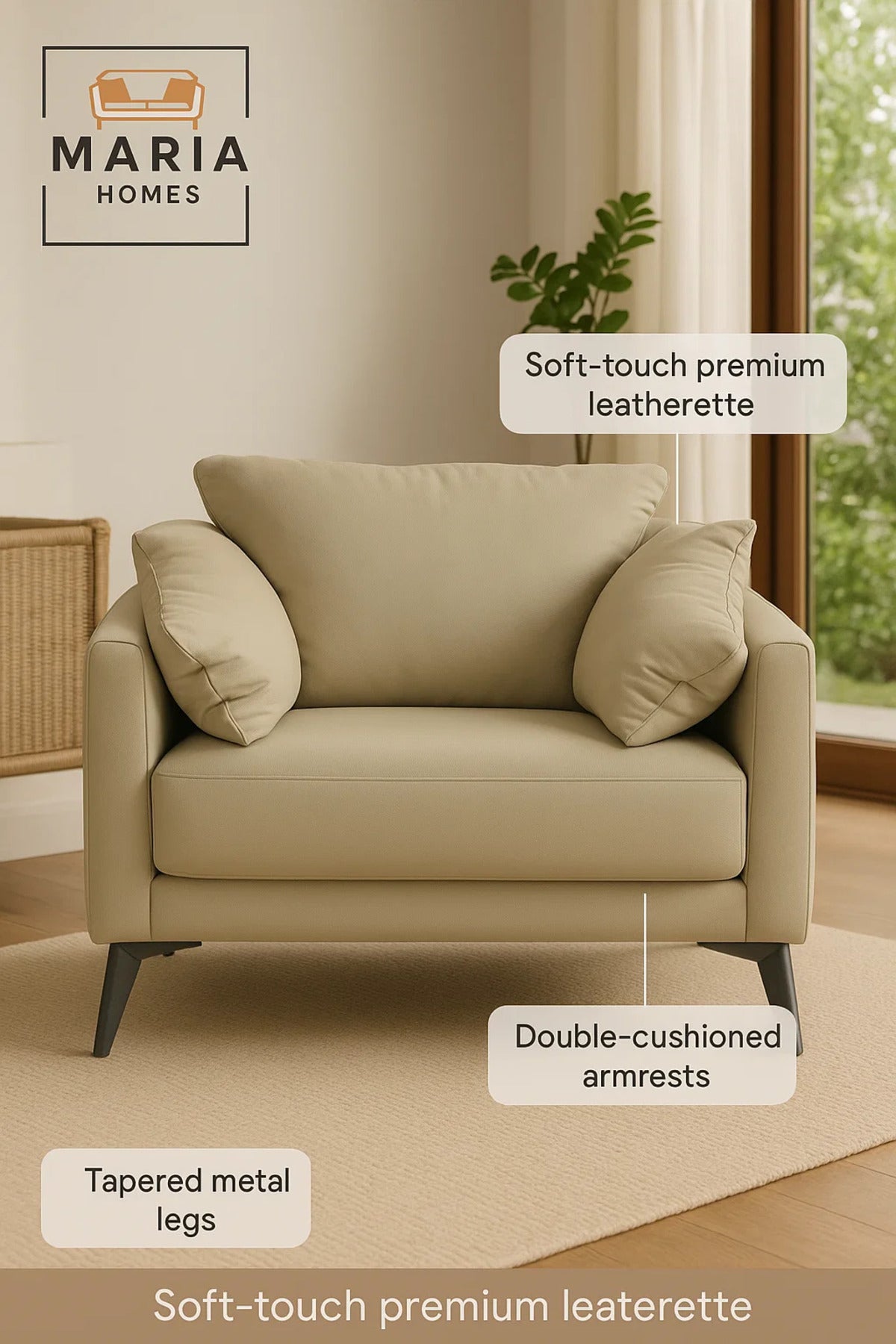 Modern Beige Leather Armchair Ð Wide Seat with Pillow Armrests