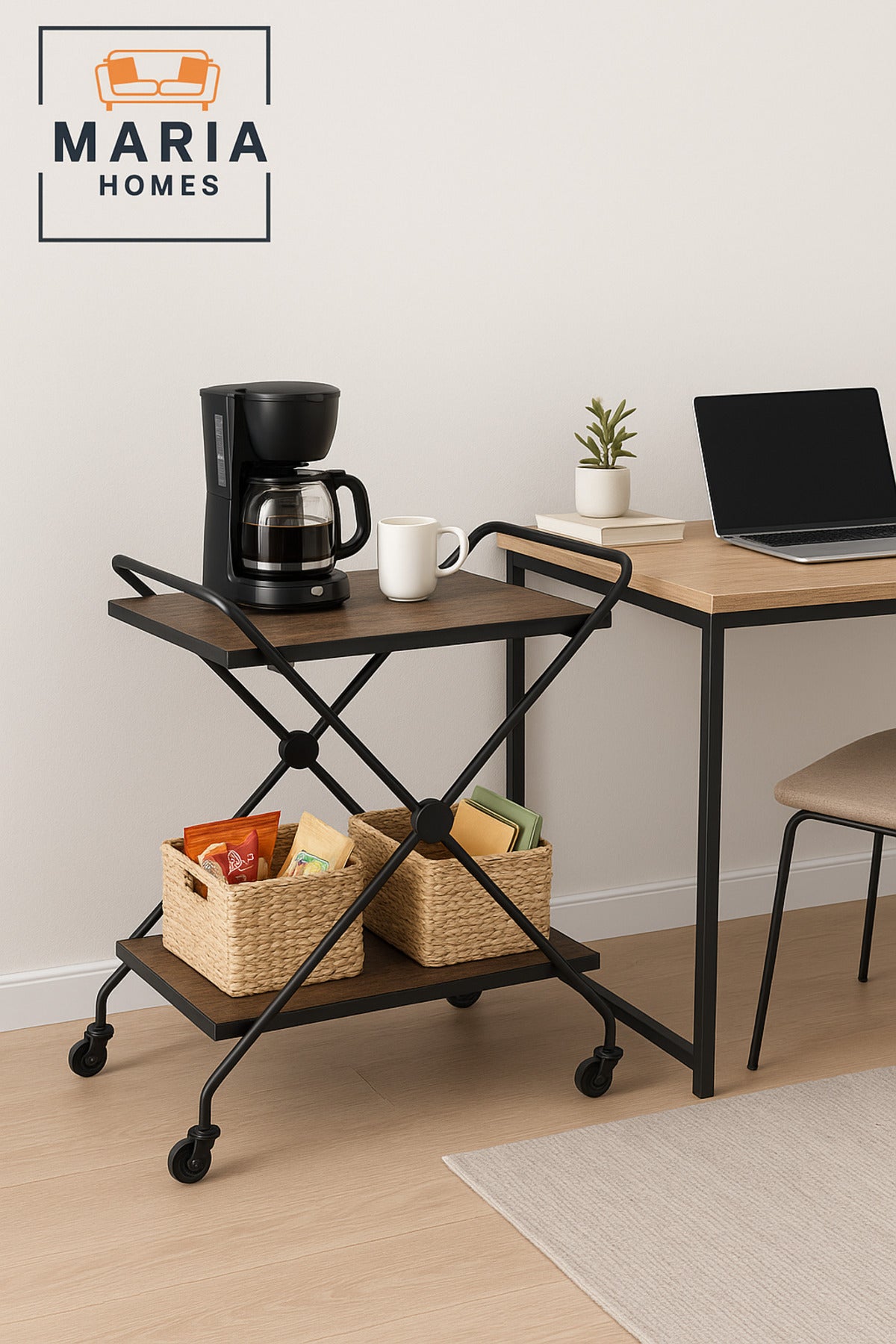 Modern Brown 2-Tier Serving Trolley with Wooden Shelves & Black Metal Frame Ð 70_40_84 cm