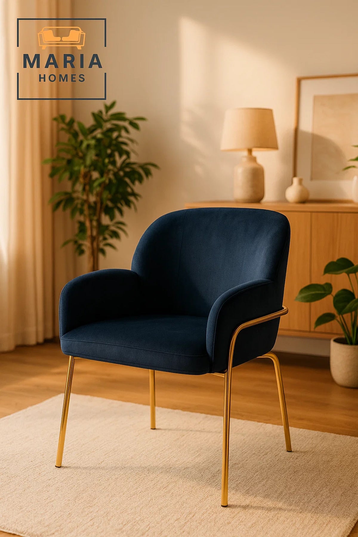Luxury Navy Blue Velvet Dining Chair with Armrests & Gold Metal Legs, Modern Accent Chair for Home