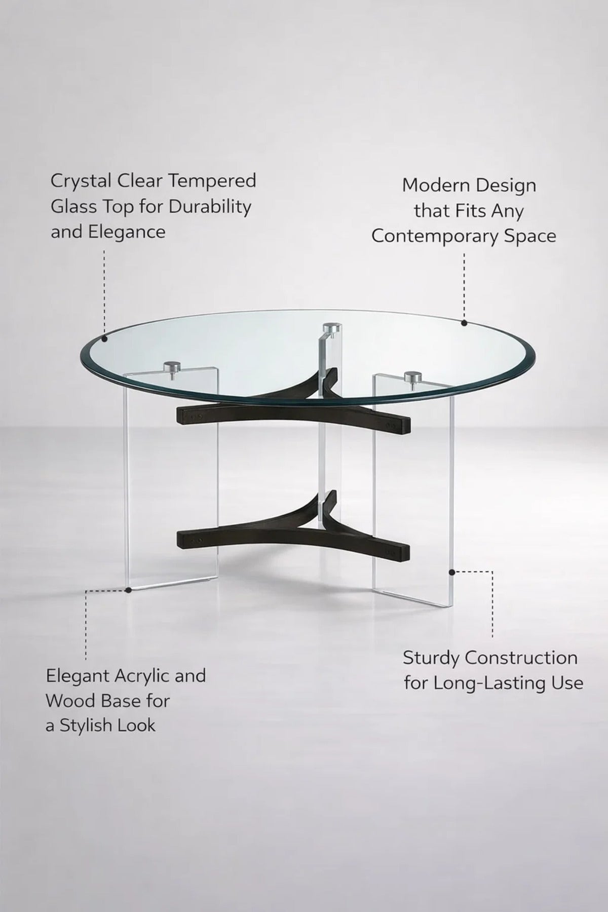 Stylish Round Center Table with Clear Acrylic Legs and Black Frame for Contemporary Living Areas