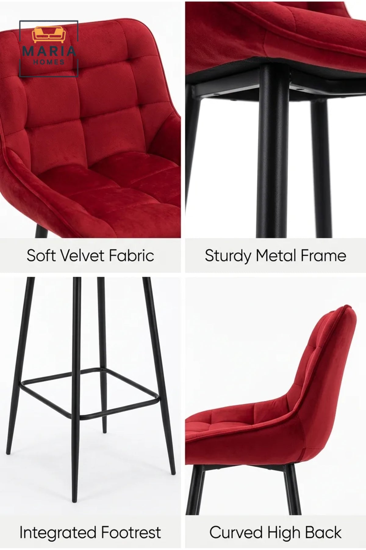 Modern Velvet Counter Stool with Tufted Upholstery, Curved Backrest and Metal Frame