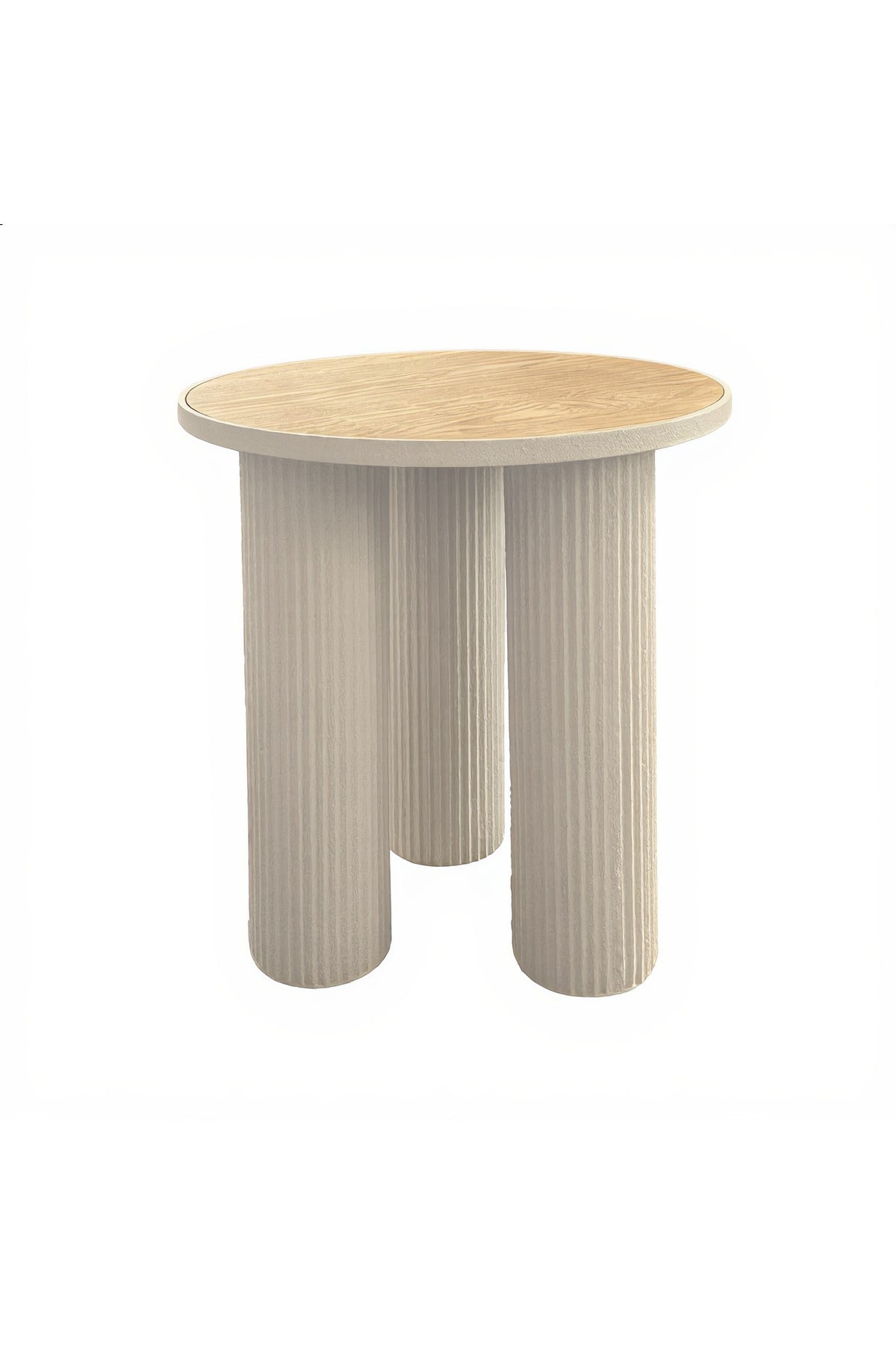 Beige Fluted Side Table with Wood Top Modern Round End Table for Home Living Room Decor