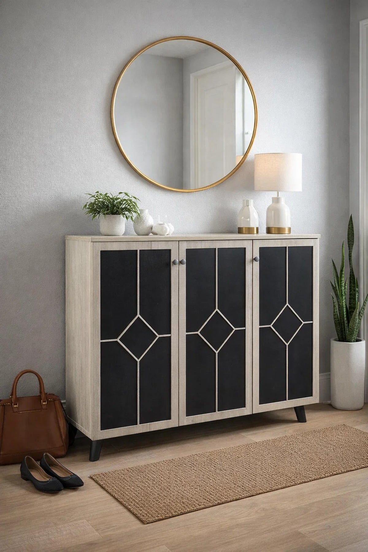 Stylish 3-Door Shoe Storage Cabinet Geometric Design Beige and Black Wood for Modern Hallways