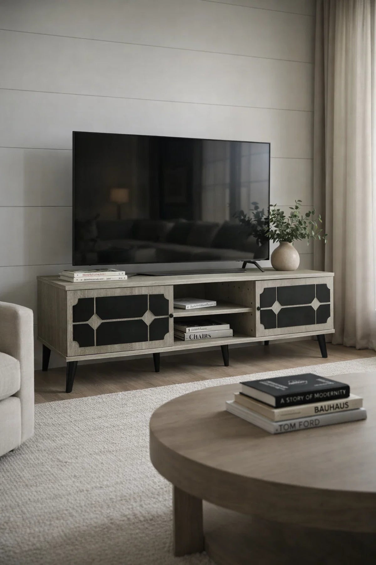 Samal Furniture Modern Beige TV Stand with Geometric Black Doors and Open Shelves 160cm Width