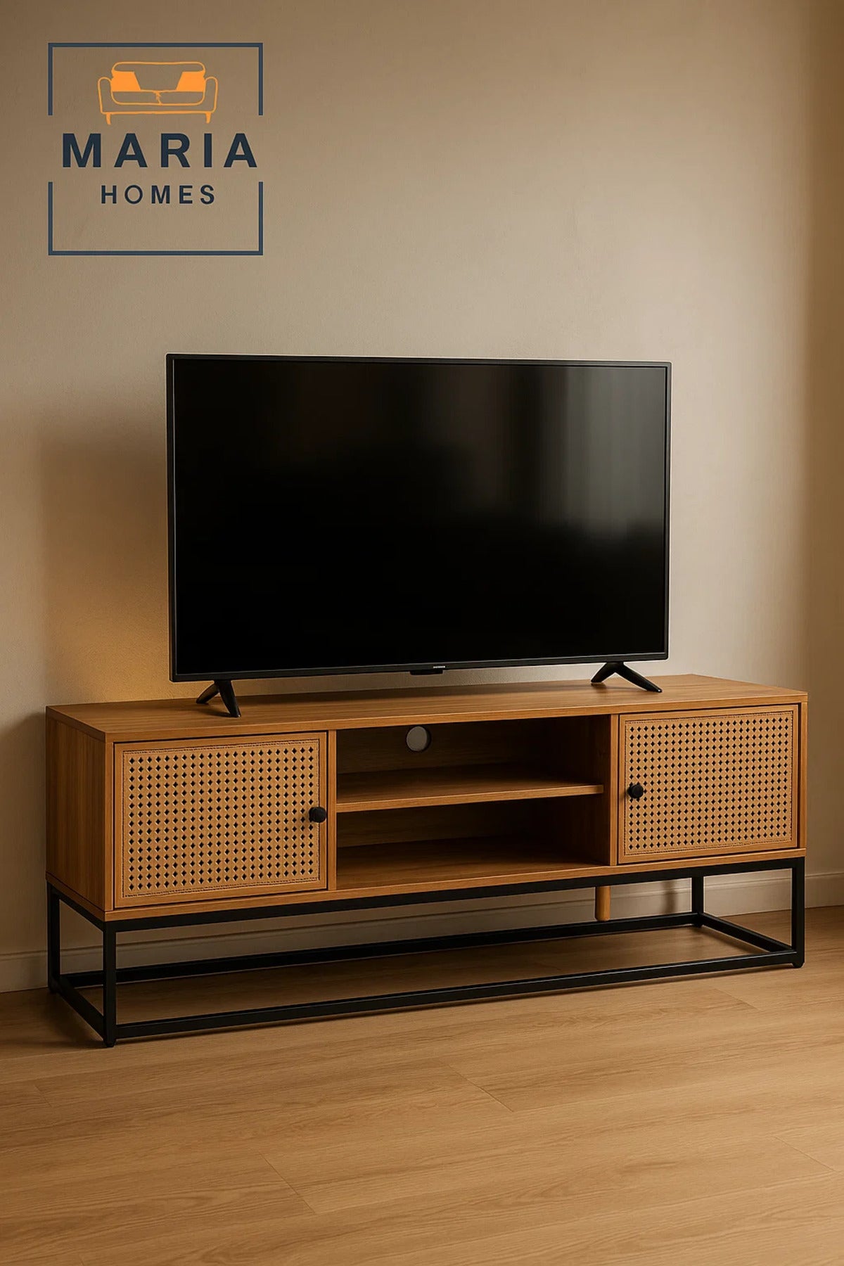 Natural Wood TV Stand with Woven Rattan Doors and Metal Frame Ð 160x39x48cm Media Console