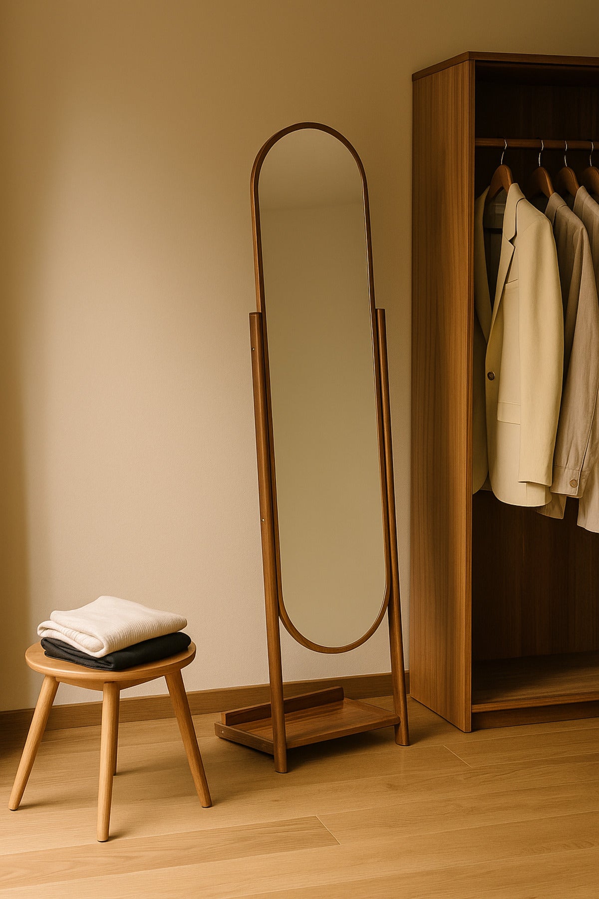 Full-Length Oval Standing Mirror 170_44_32 cm Ð Walnut Wood Frame Dressing Mirror with Base Shelf
