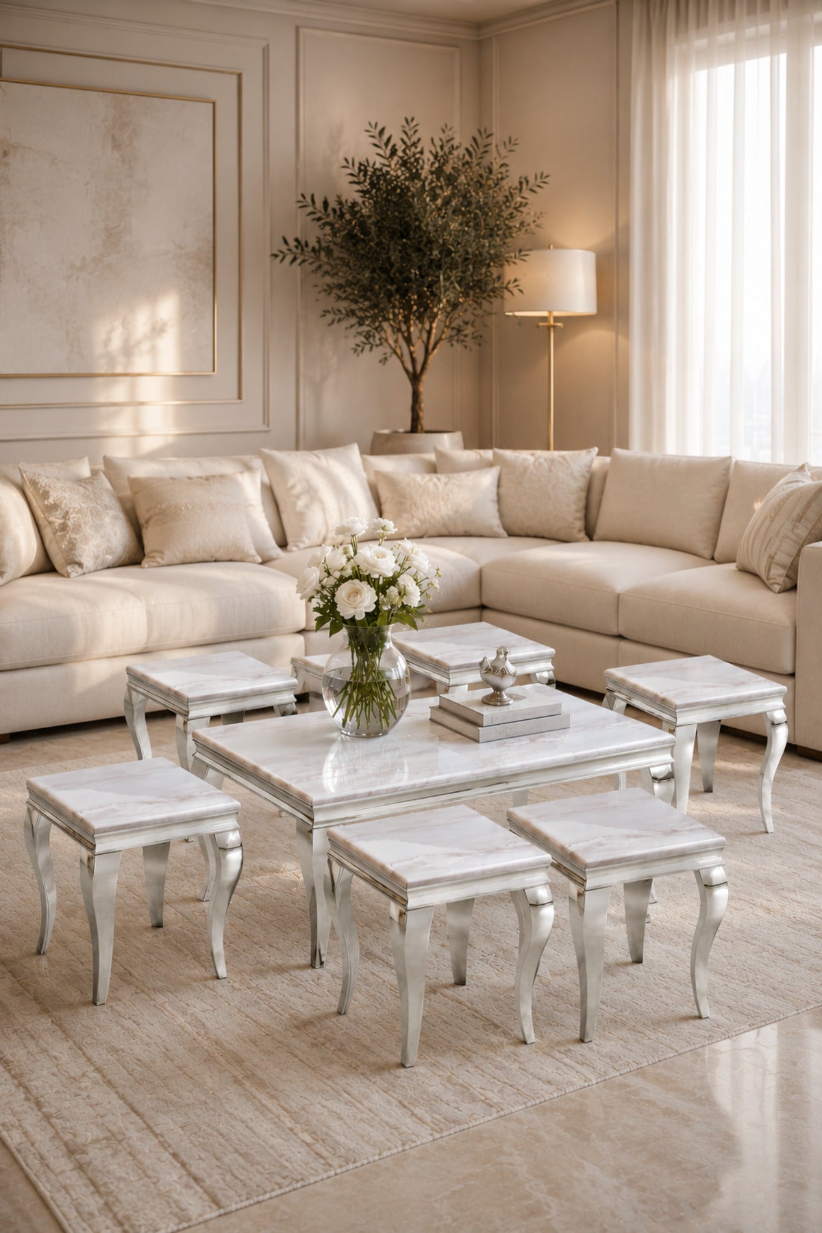 Luxury Silver Marble Coffee Table Set 1+6 √ê Classic Elegant Design