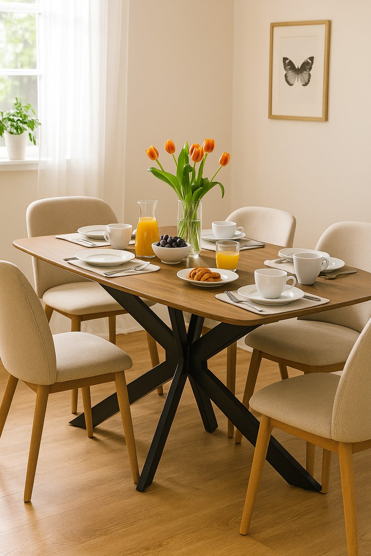 Modern Dining Table Ð 150_90_75 cm | Wooden Top Table with Black Metal Cross Legs