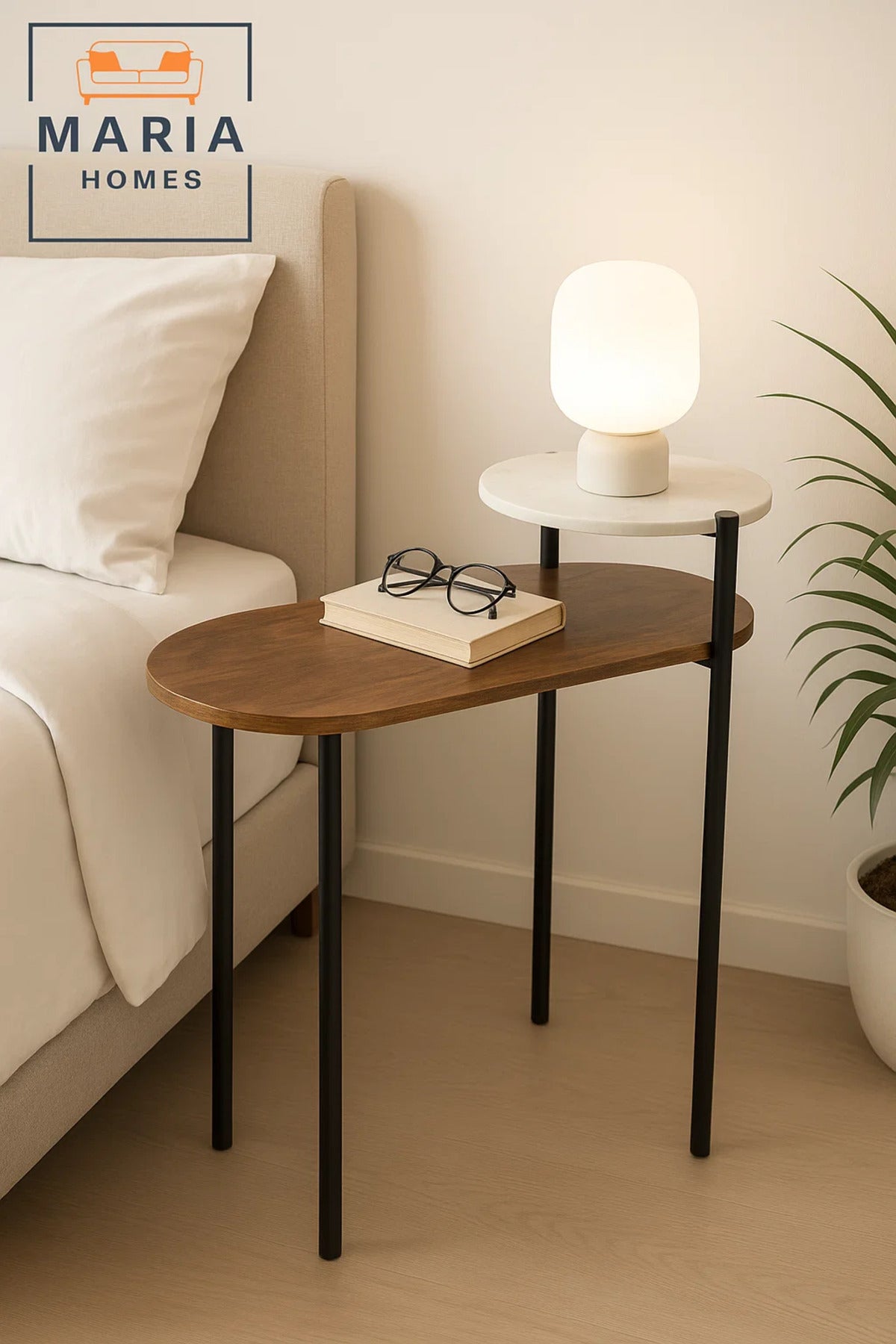 Two-Tier Side Table with Wood and White Marble Top Ð Stylish Contrast Design