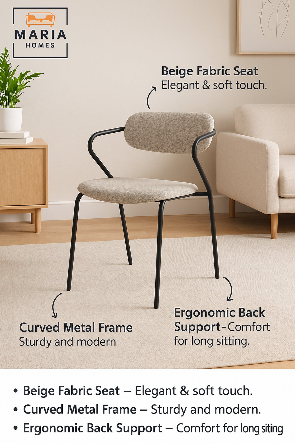 Beige Dining Chair Ð Modern Minimalist Seating for Home, Office, and CafŽ