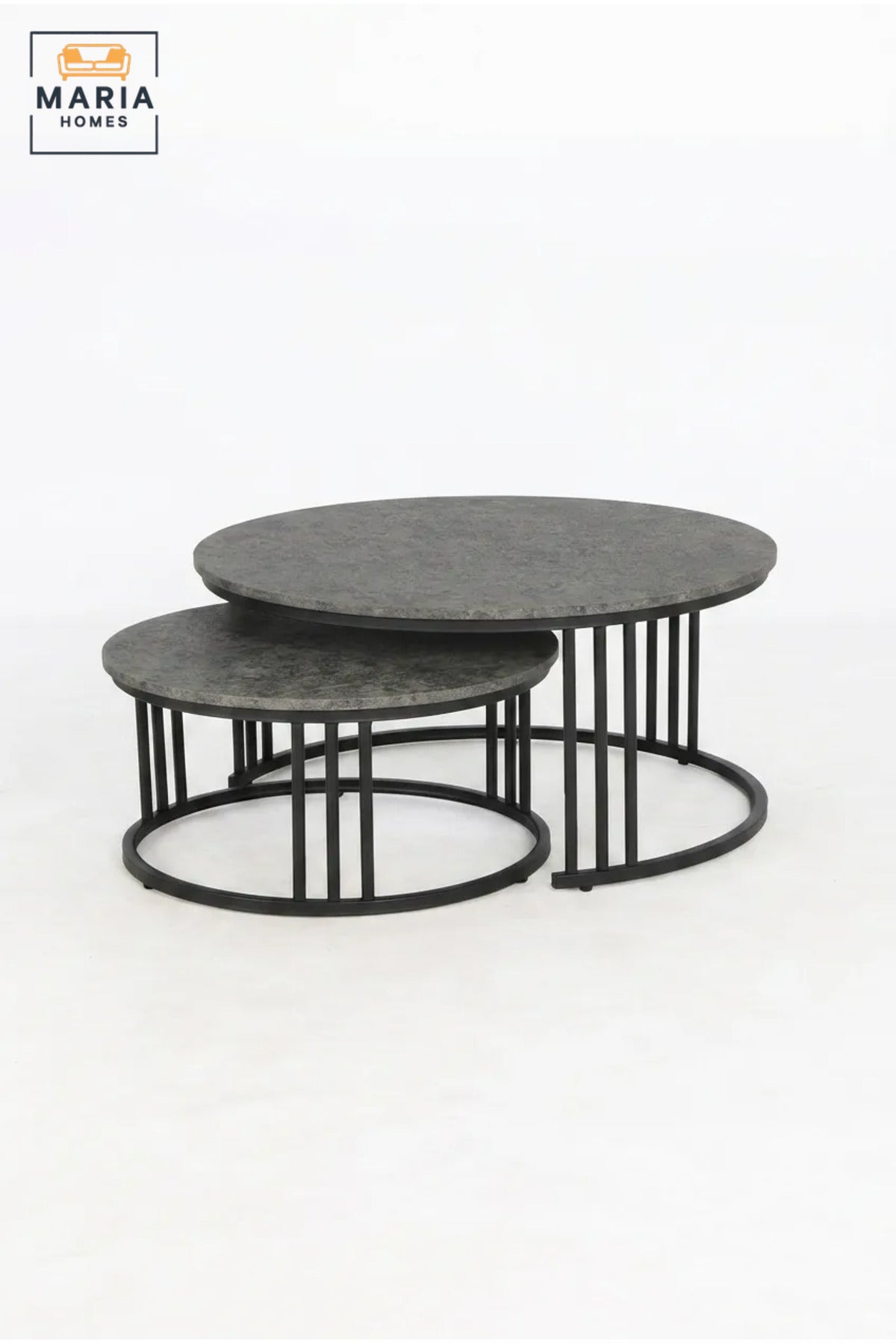 Modern Nesting Coffee Table Set with Round Stone-Effect Tops and Open Metal Frames, Space-Saving Center Tables for Living Room, Lounge and Office