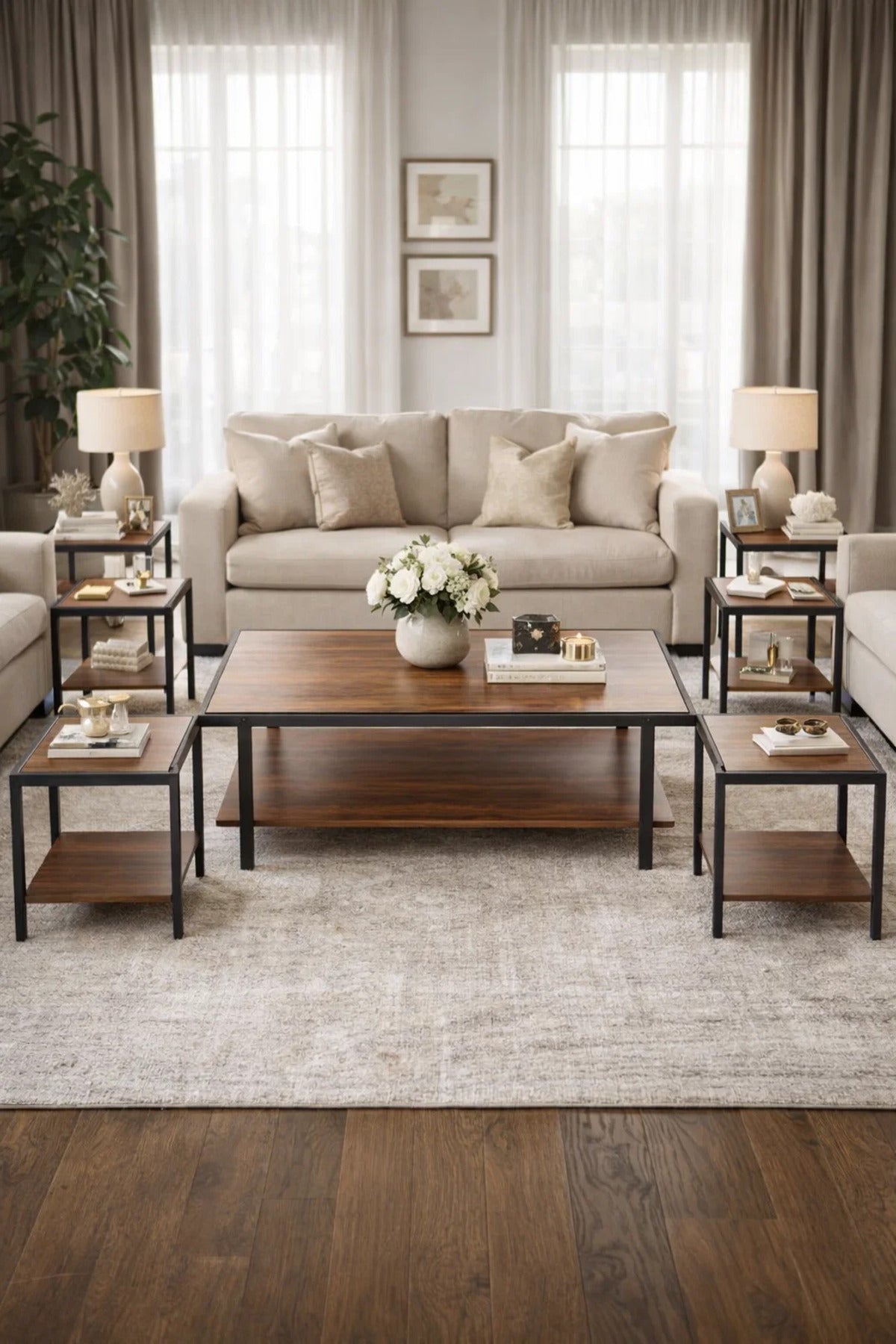 Modern Brown Coffee Table Set with 6 Side Tables and Shelf modern brown coffee Center
