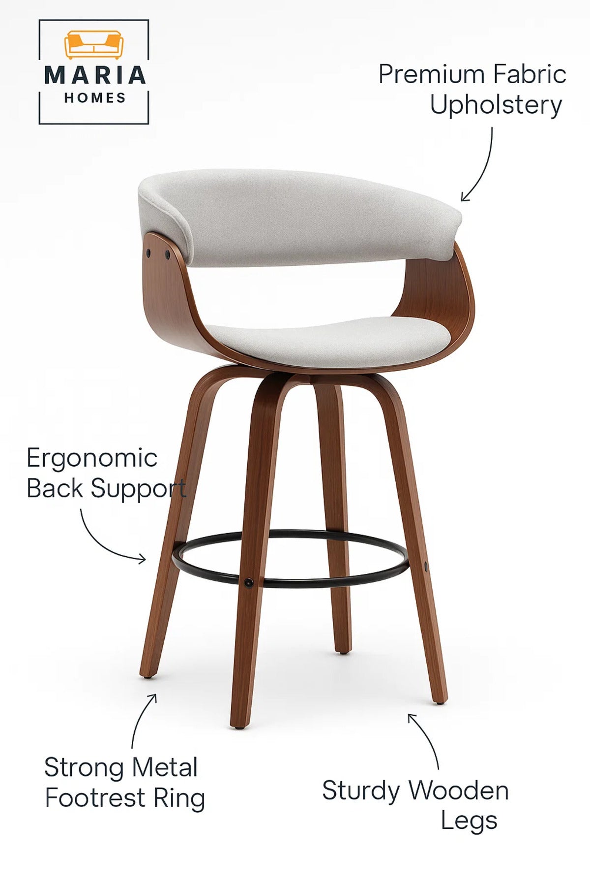 Swivel Bar Stool with Curved Wood Backrest, Metal Footrest for Kitchen & Counter